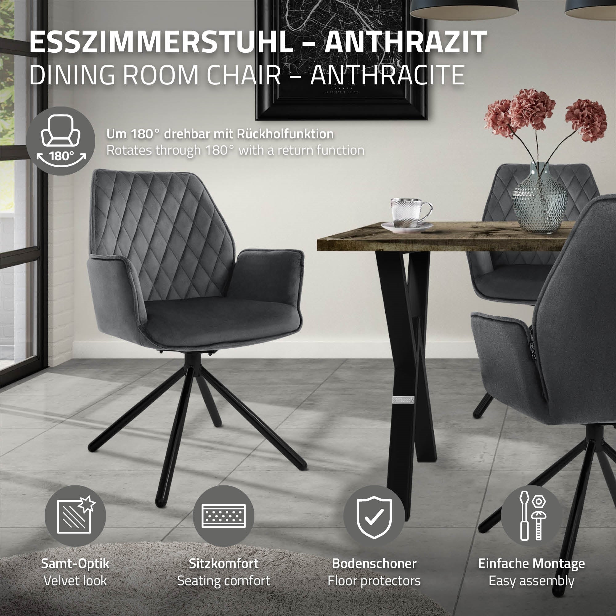 ECD Germany Möbel chaise pivotante velours anthracite