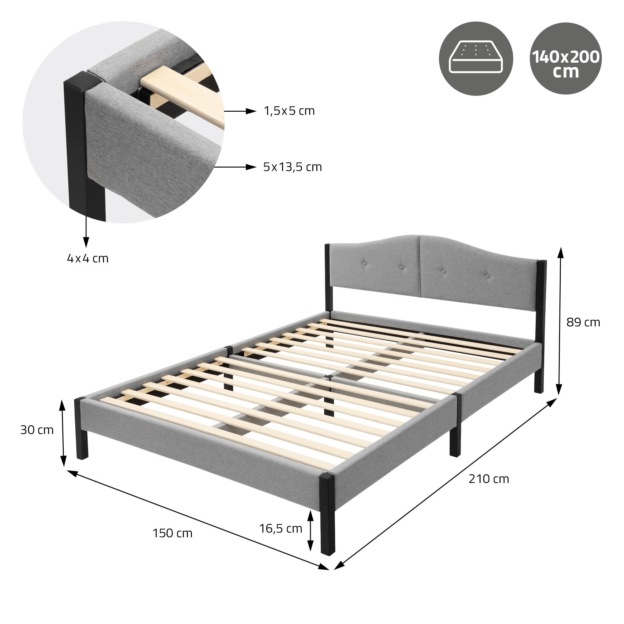 ECD Germany Möbel lit capitonné 140x200 cm gris sans matelas