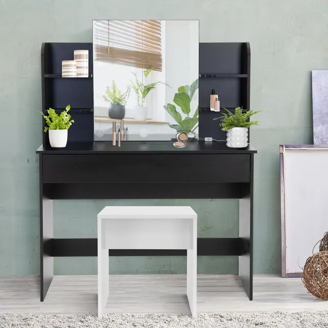 ECD Germany Möbel coiffeuse noire 108x40 cm miroir tiroir tabouret