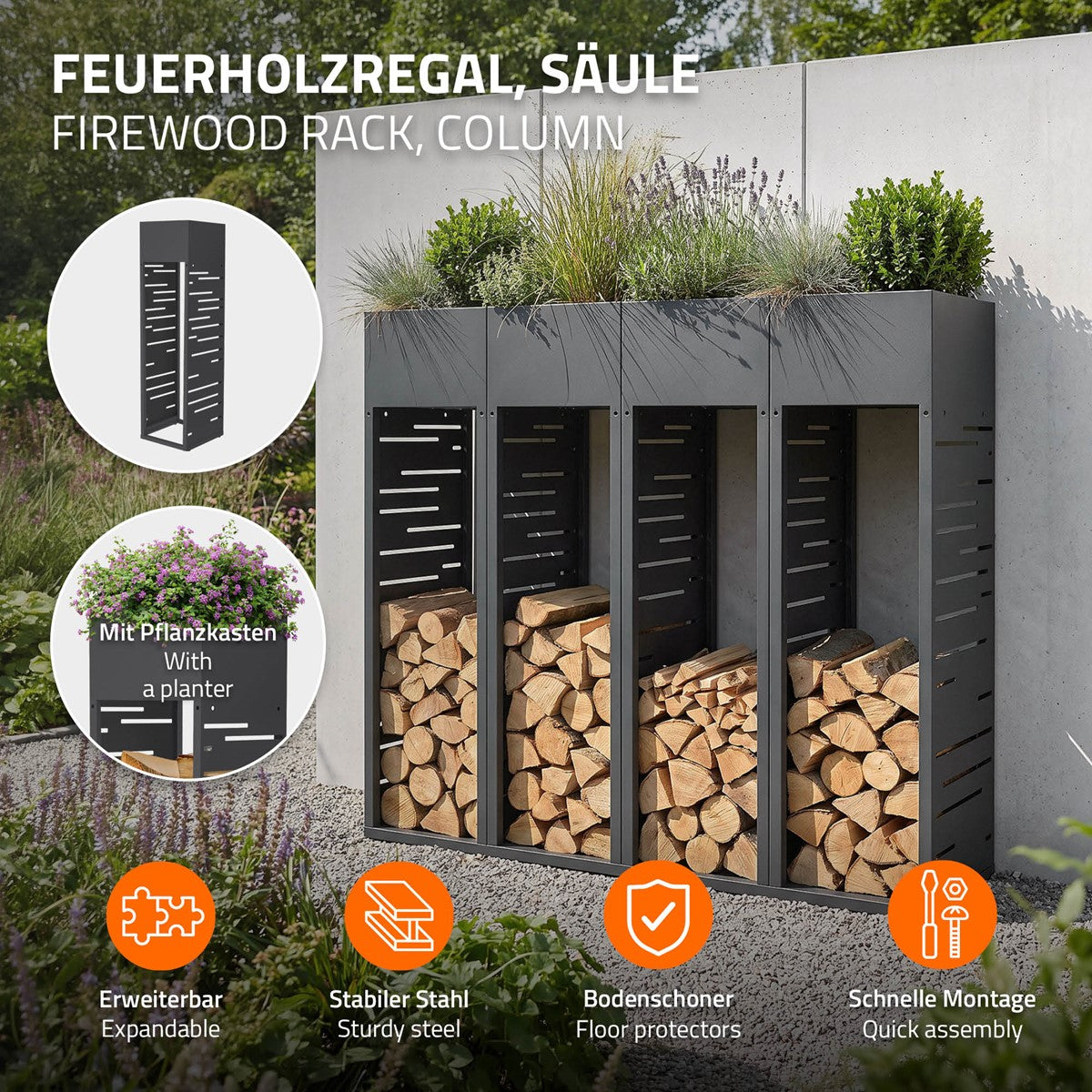 ECD Germany porte-bûches grille anthracite 30x111 cm acier jardinière