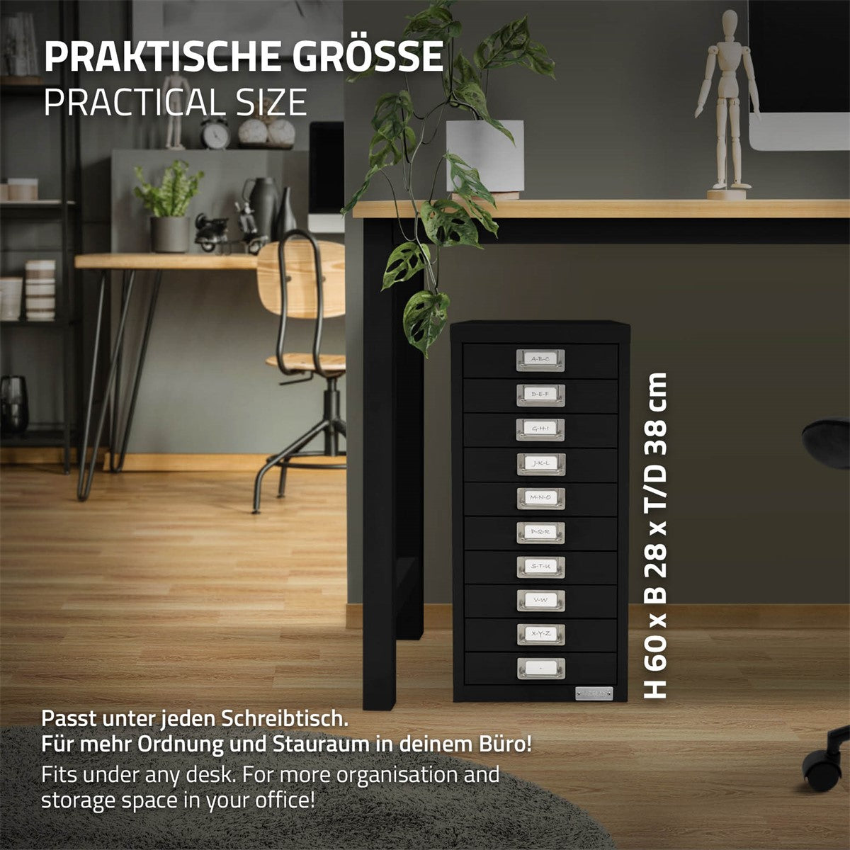 ECD Germany Caisson 10 Tiroirs Bureau Acier Noir 28x38x60 cm