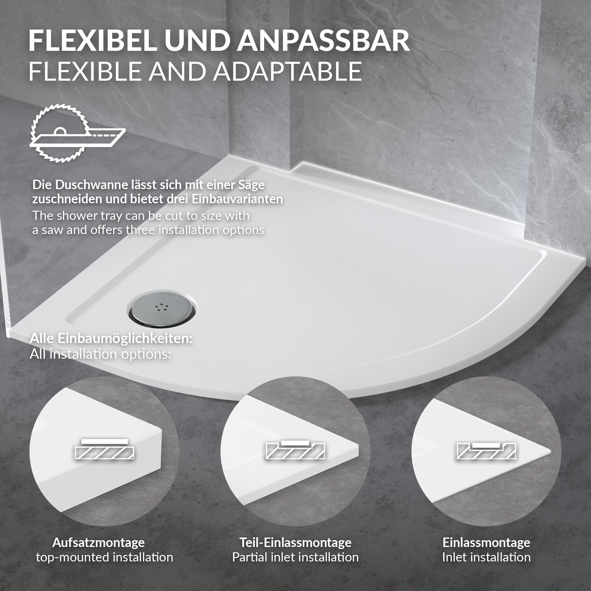 ECD Germany Sanitär receveur de douche 90x90 arrondi blanc SMC