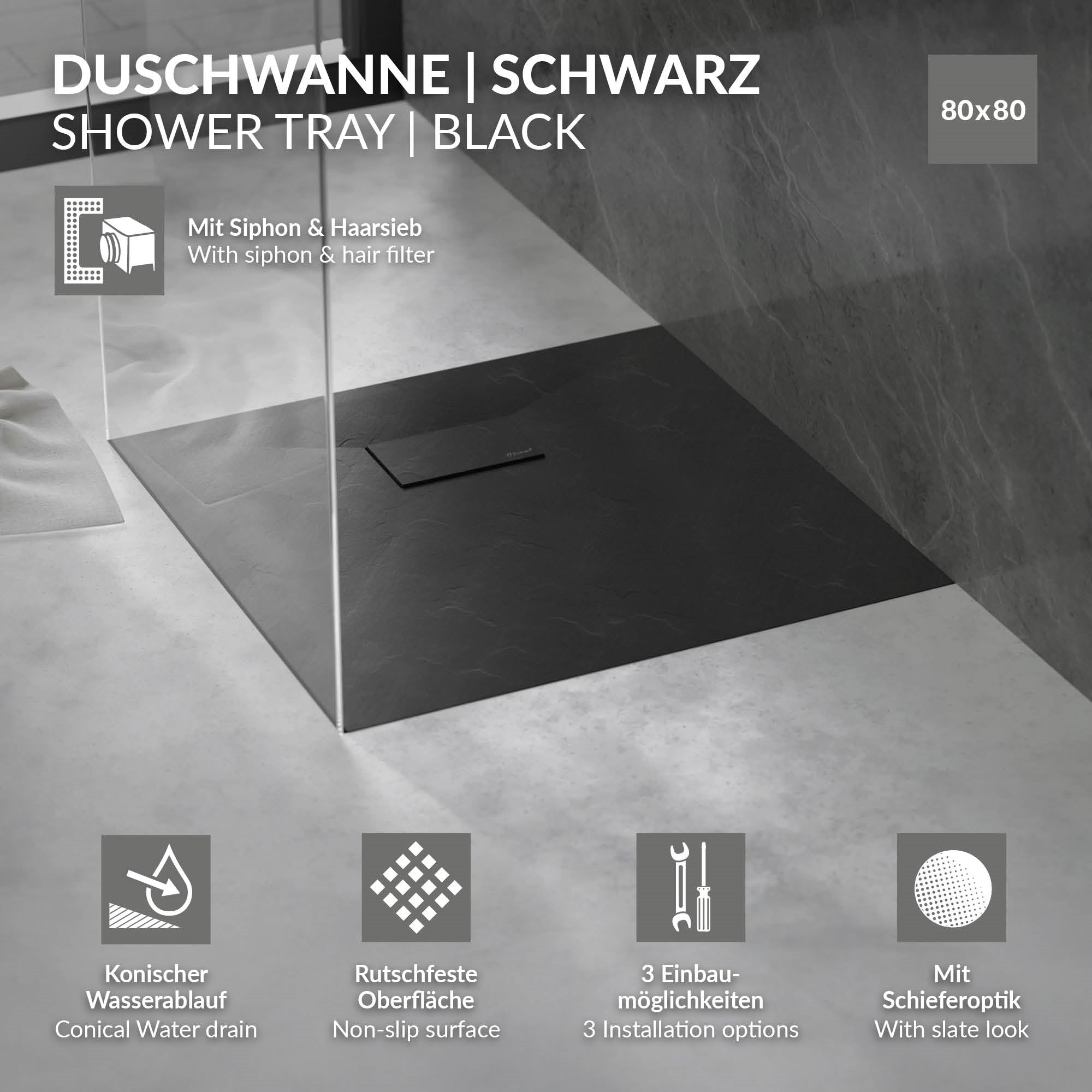 LuxeBath receveur douche 80x80 cm noir ardoise extra-plat