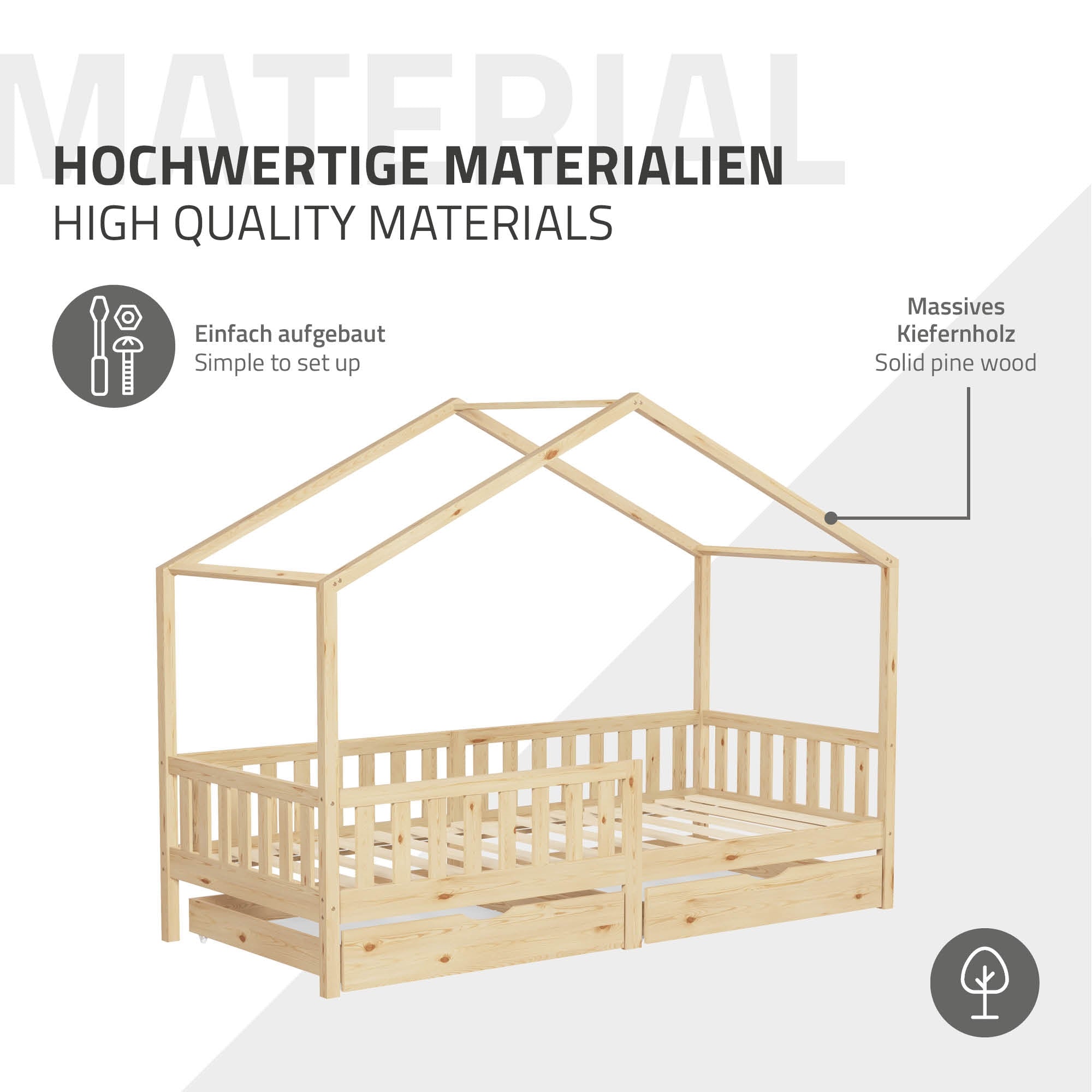 ECD Germany Kinder lit maison 90x200 naturel pin + matelas