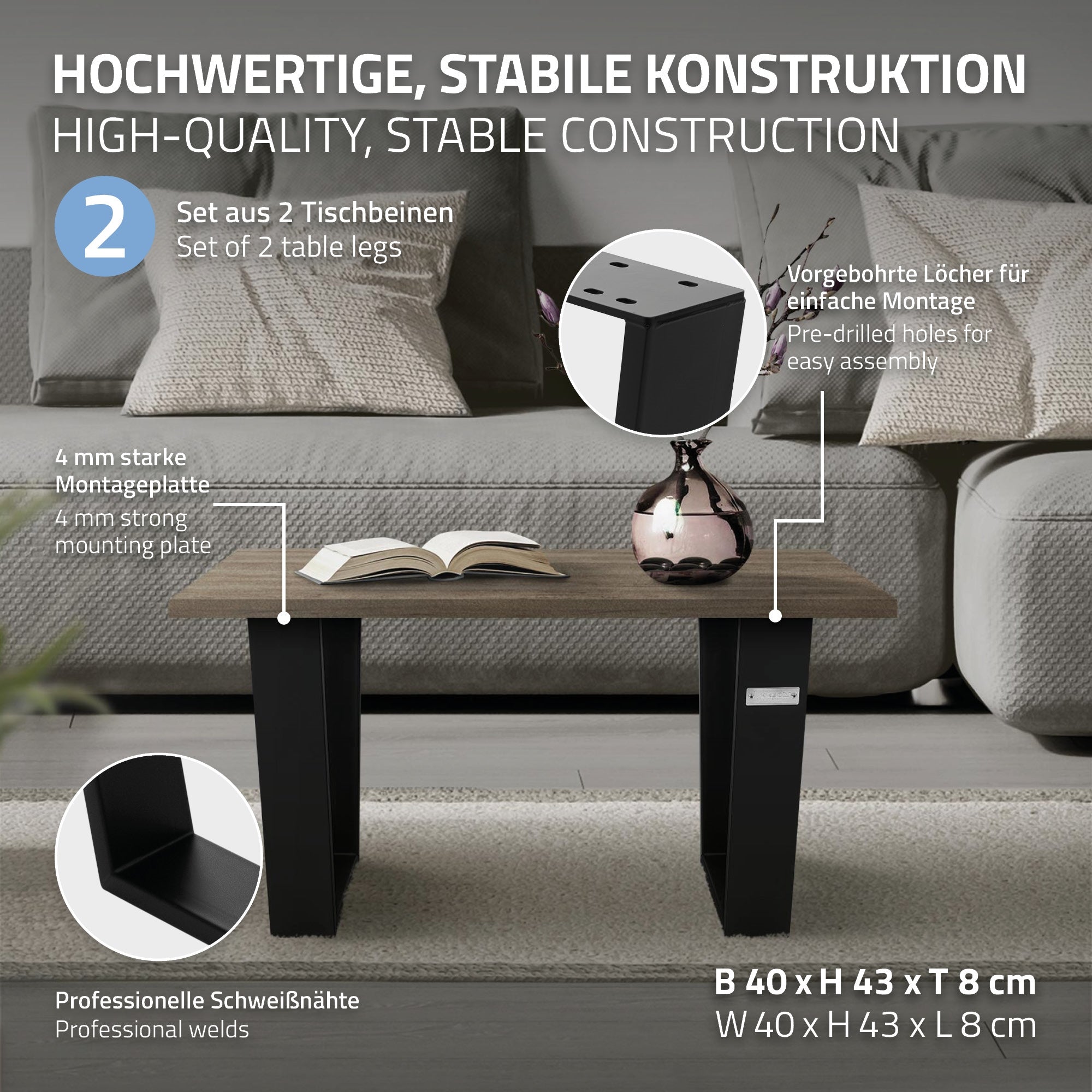 ECD Germany Möbel pieds de table acier noir V lot 2 75x72 cm