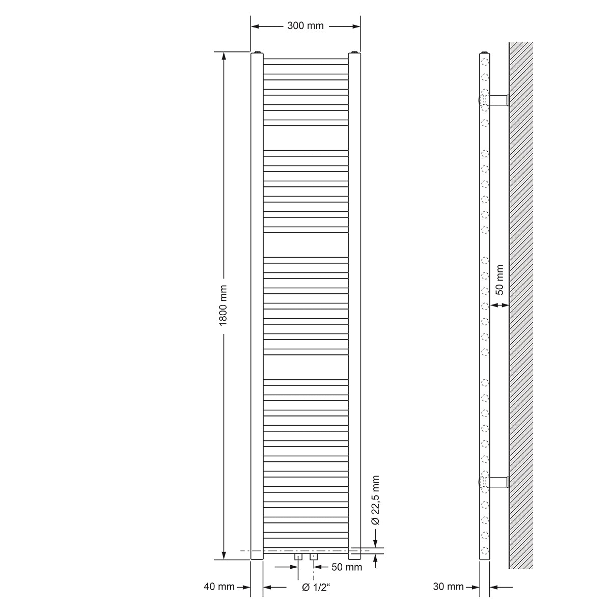 LuxeBath Sahara radiateur salle de bain blanc 300x1800 raccord central