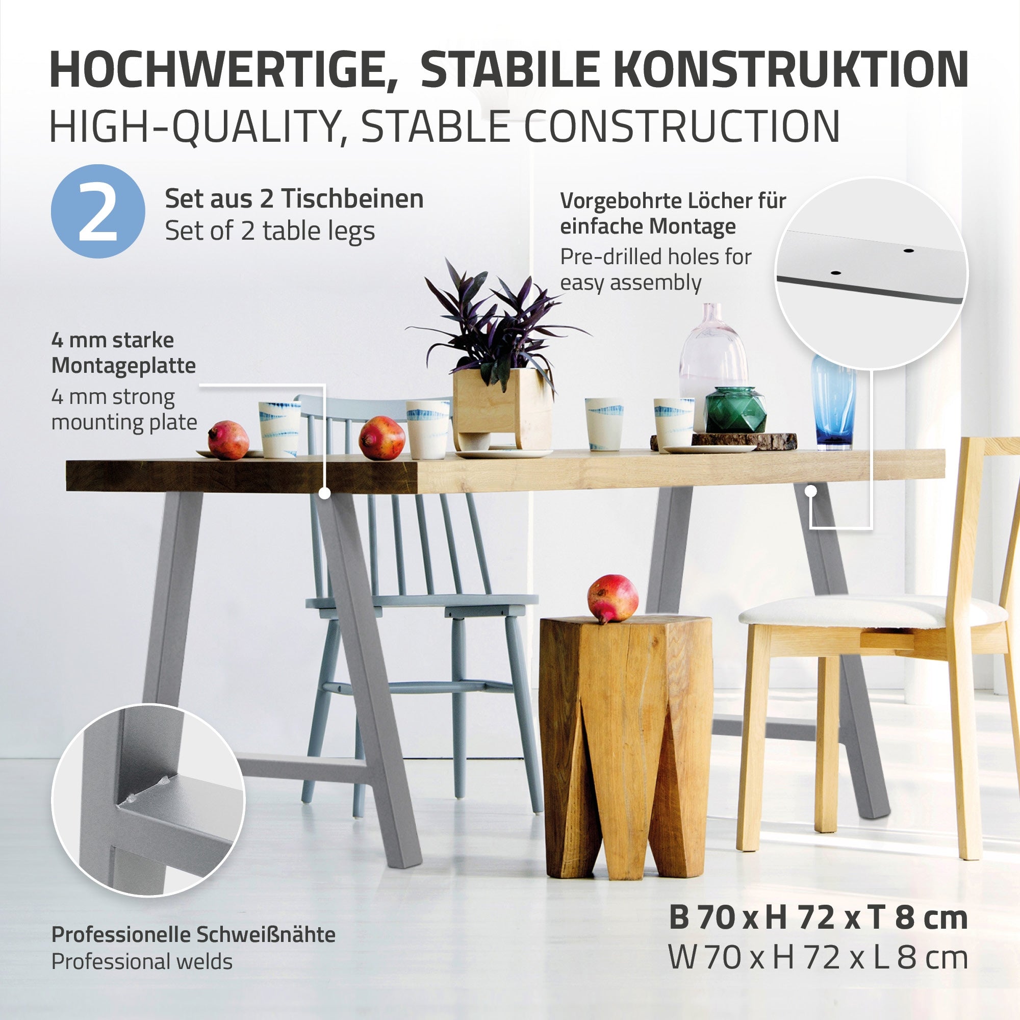 ECD Germany pieds table acier gris 70x72 cm A-design lot 2