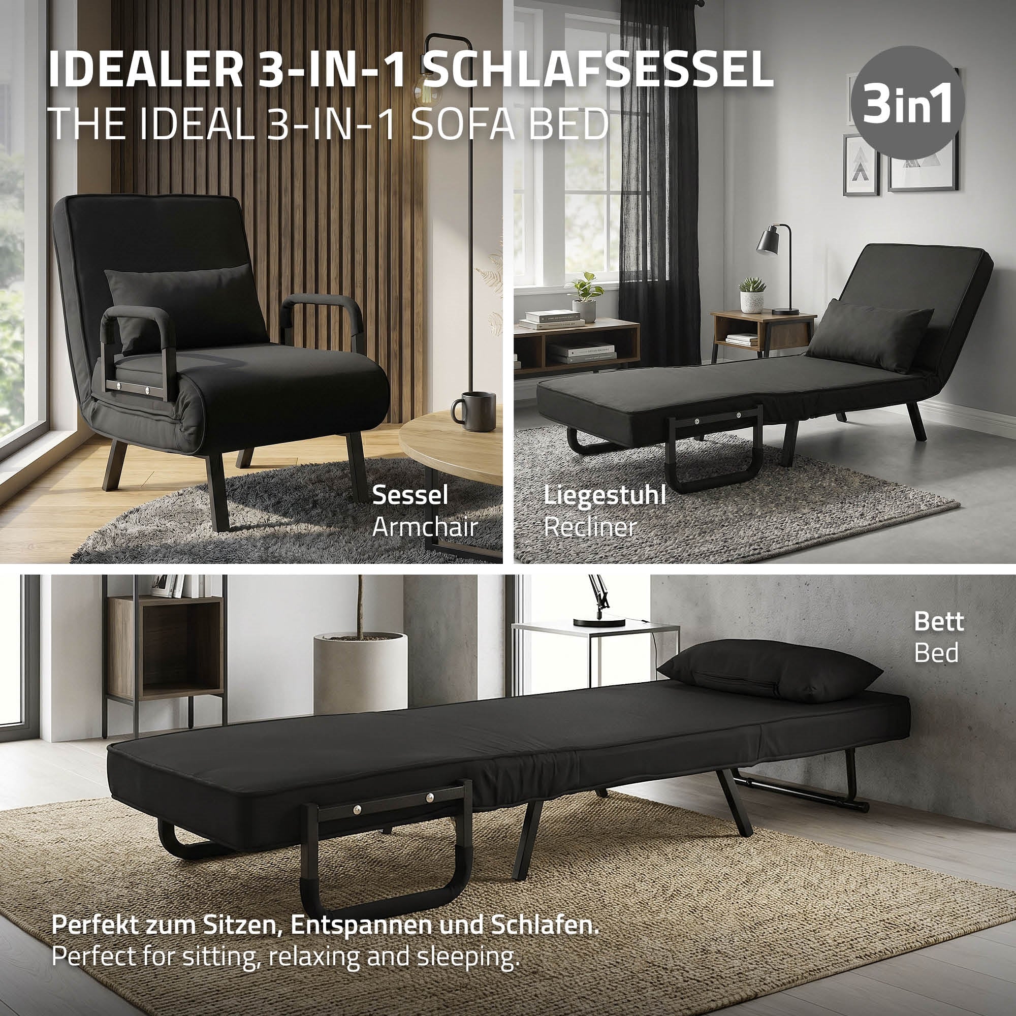 ECD Germany ML-Design fauteuil lit chenille noir 186x60 cm convertible
