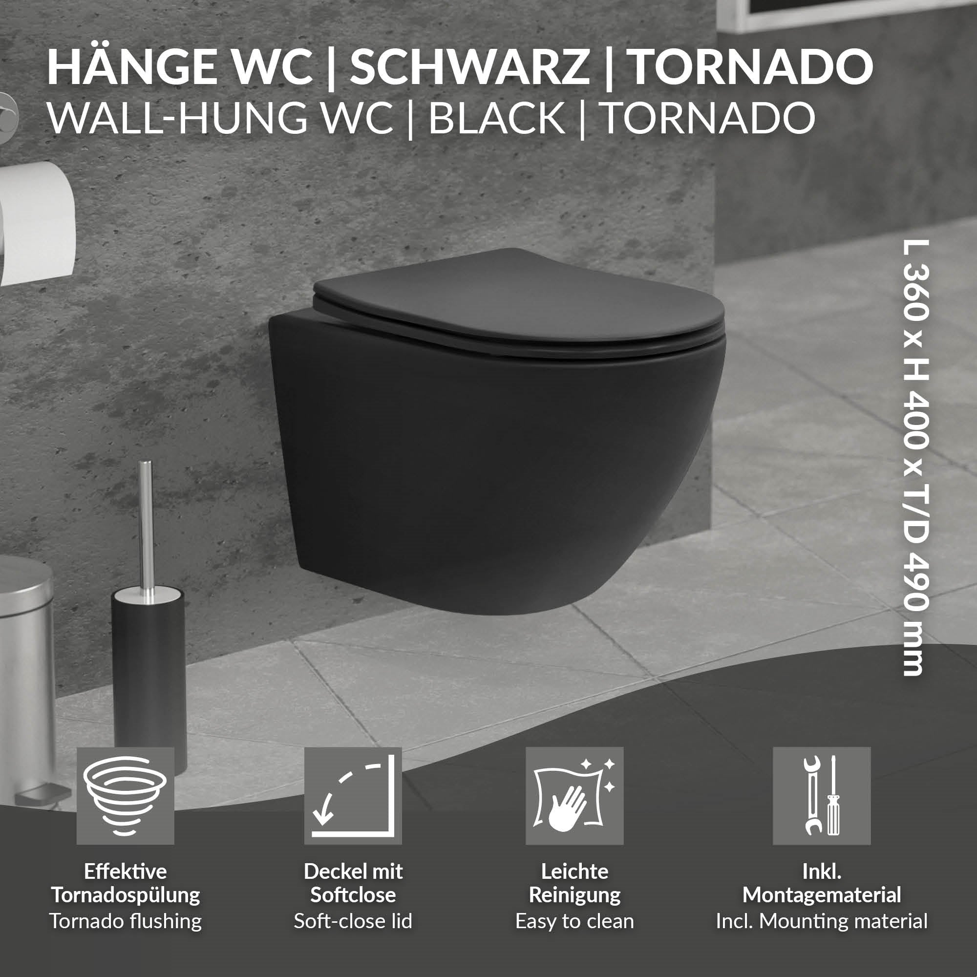 ECD Germany Sanitär WC Suspendu 49 cm Noir Mat Céramique