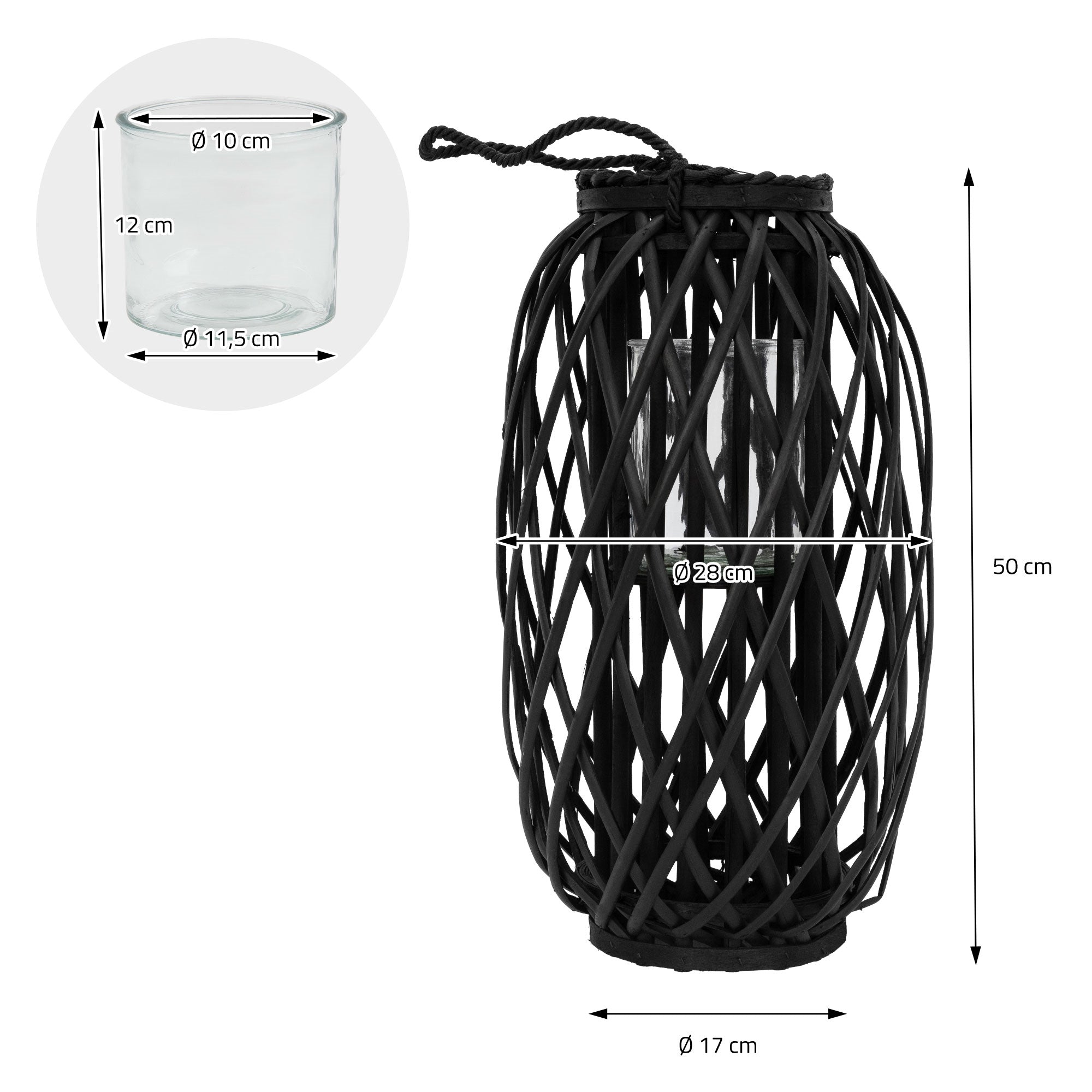 ECD Germany Garten Riedlaterne lanterne rotin noir 50 cm avec anse