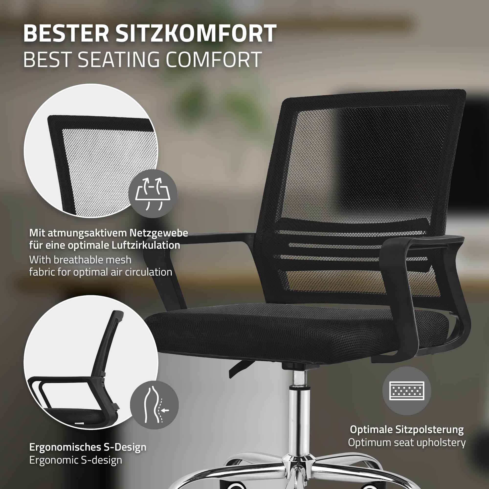 ECD Meubles ML-Design chaise bureau noire réglable avec accoudoirs