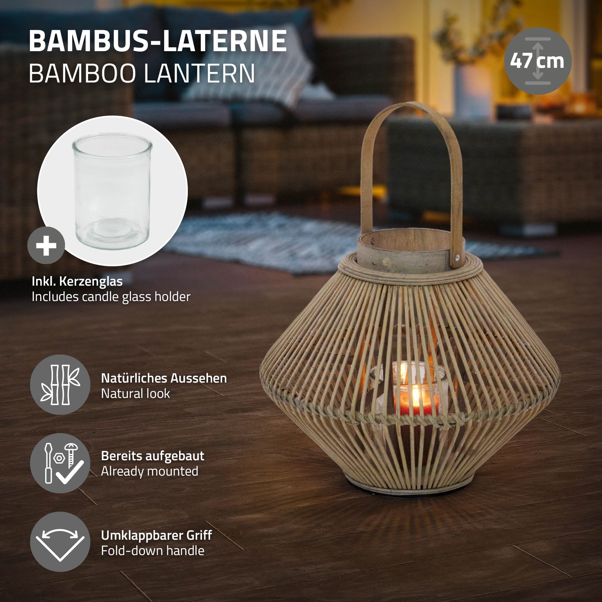 ECD Germany Garten lanterne bambou 47 cm bois tressé