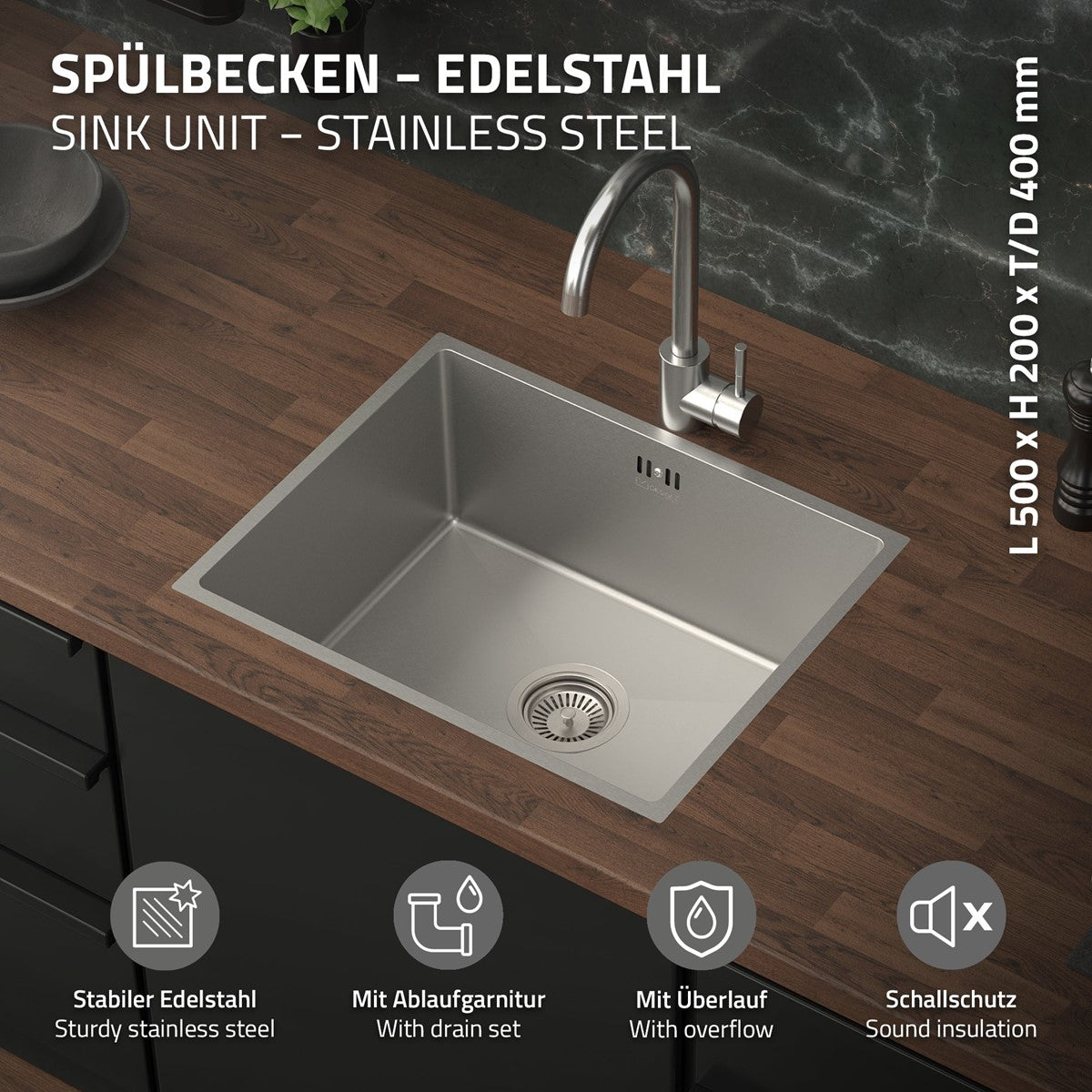 ECD Germany Sanitär Évier encastrable 50x40 cm inox + bonde