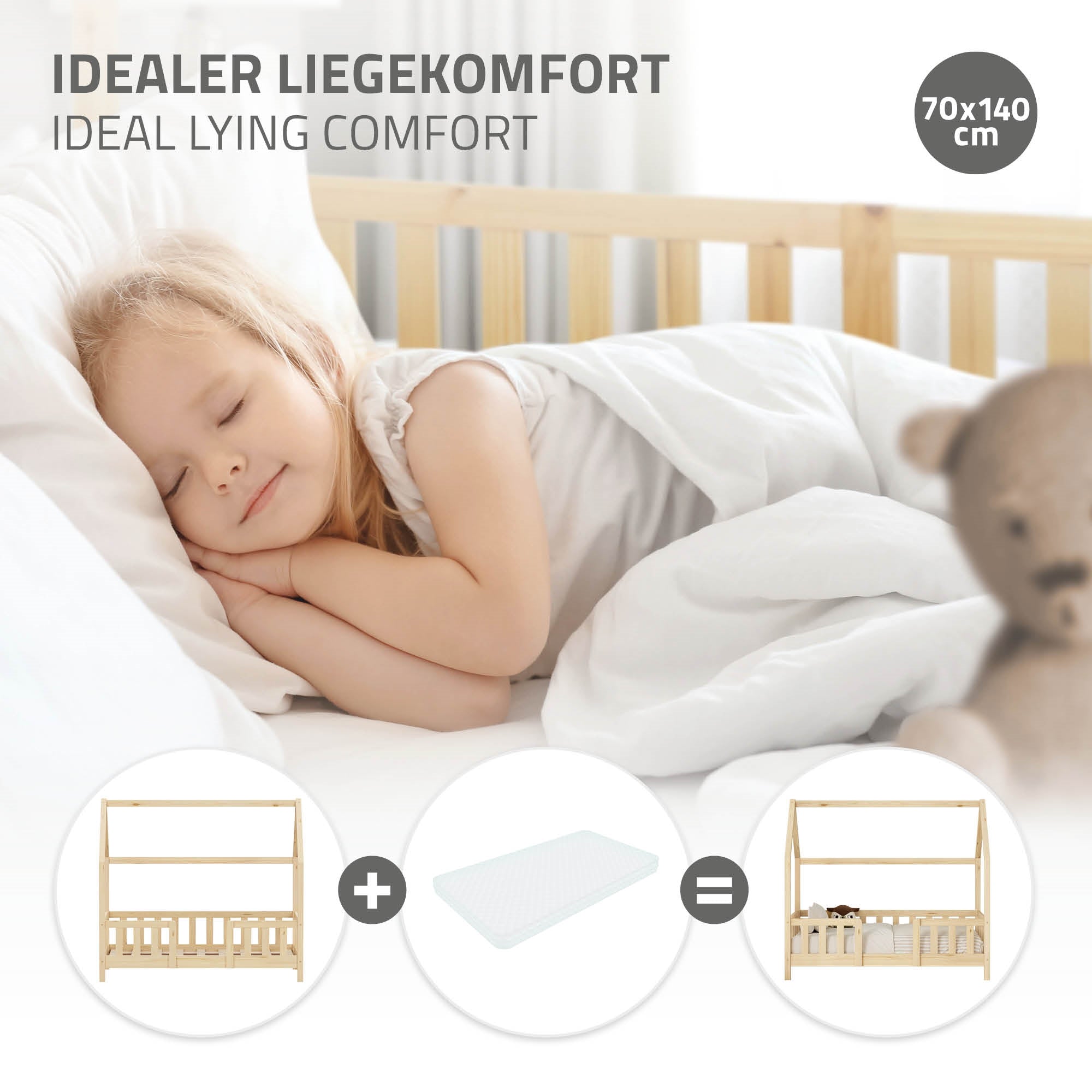 ECD Germany Kinder lit cabane enfant pin naturel 70x140 cm sommier
