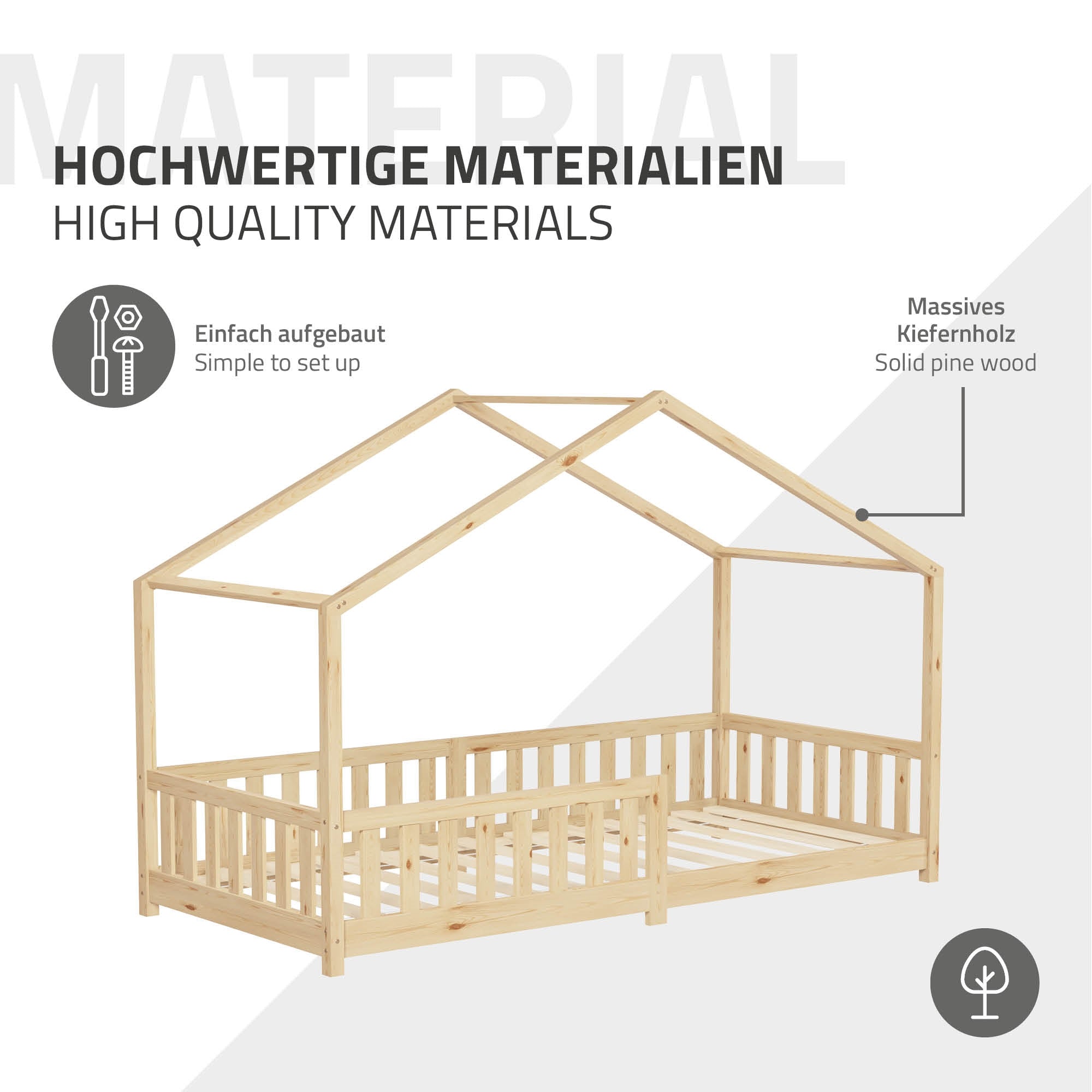 ECD Germany ML-Design lit cabane 90x200 naturel avec matelas