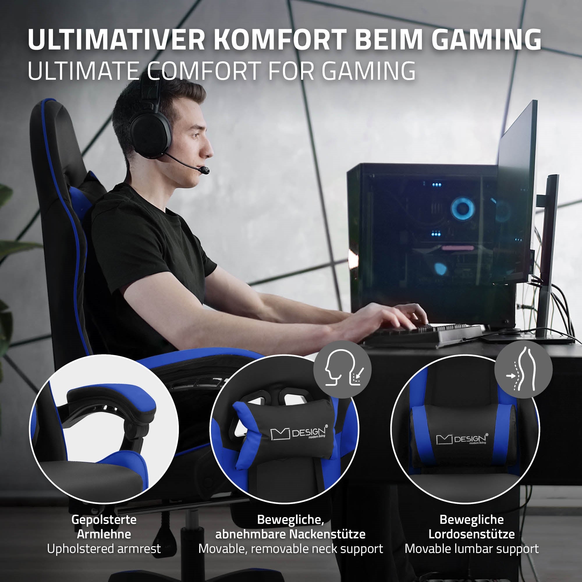 ML-Design chaise gaming simili cuir noir bleu repose-pieds