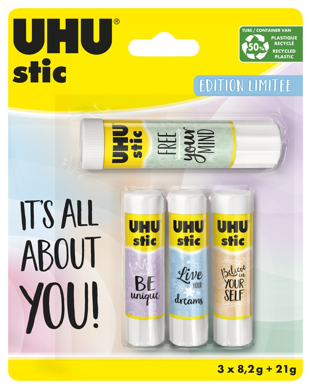 UHU colle pastel lot 3 mini tubes + 1 grand format