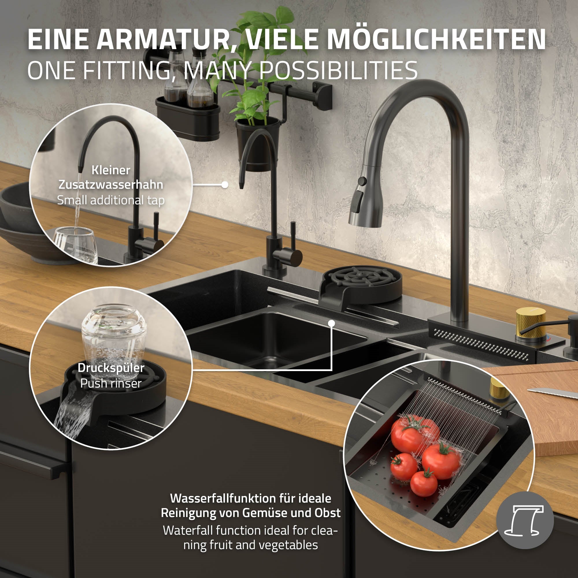 ECD Germany évier inox 80x46 cm anthracite 8 pièces robinet