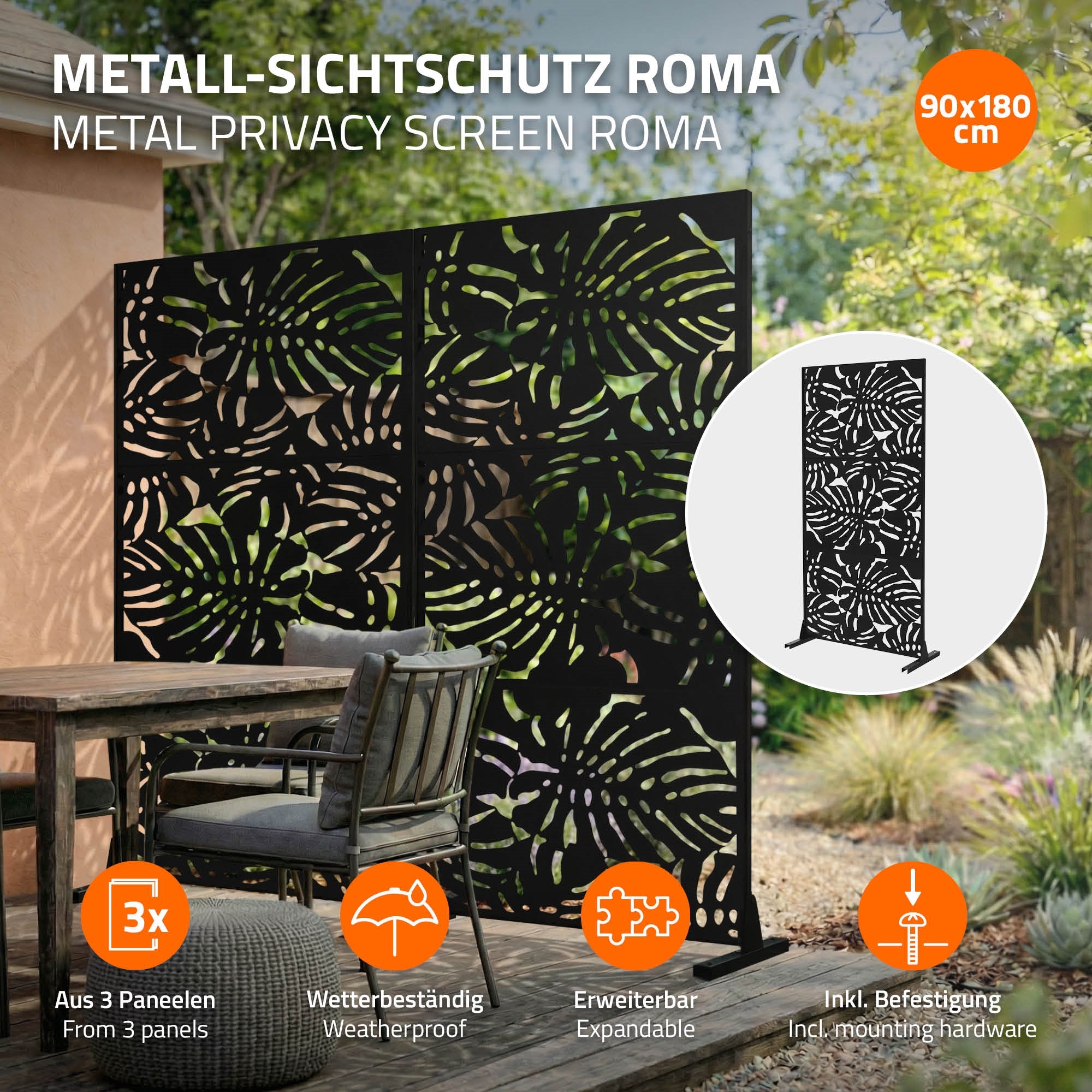 ECD Germany Möbel paravent brise-vue acier noir 3 panneaux
