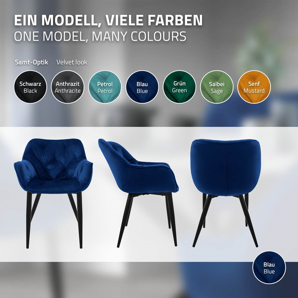 ECD Germany ML-Design lot 6 chaises velours bleu nuit