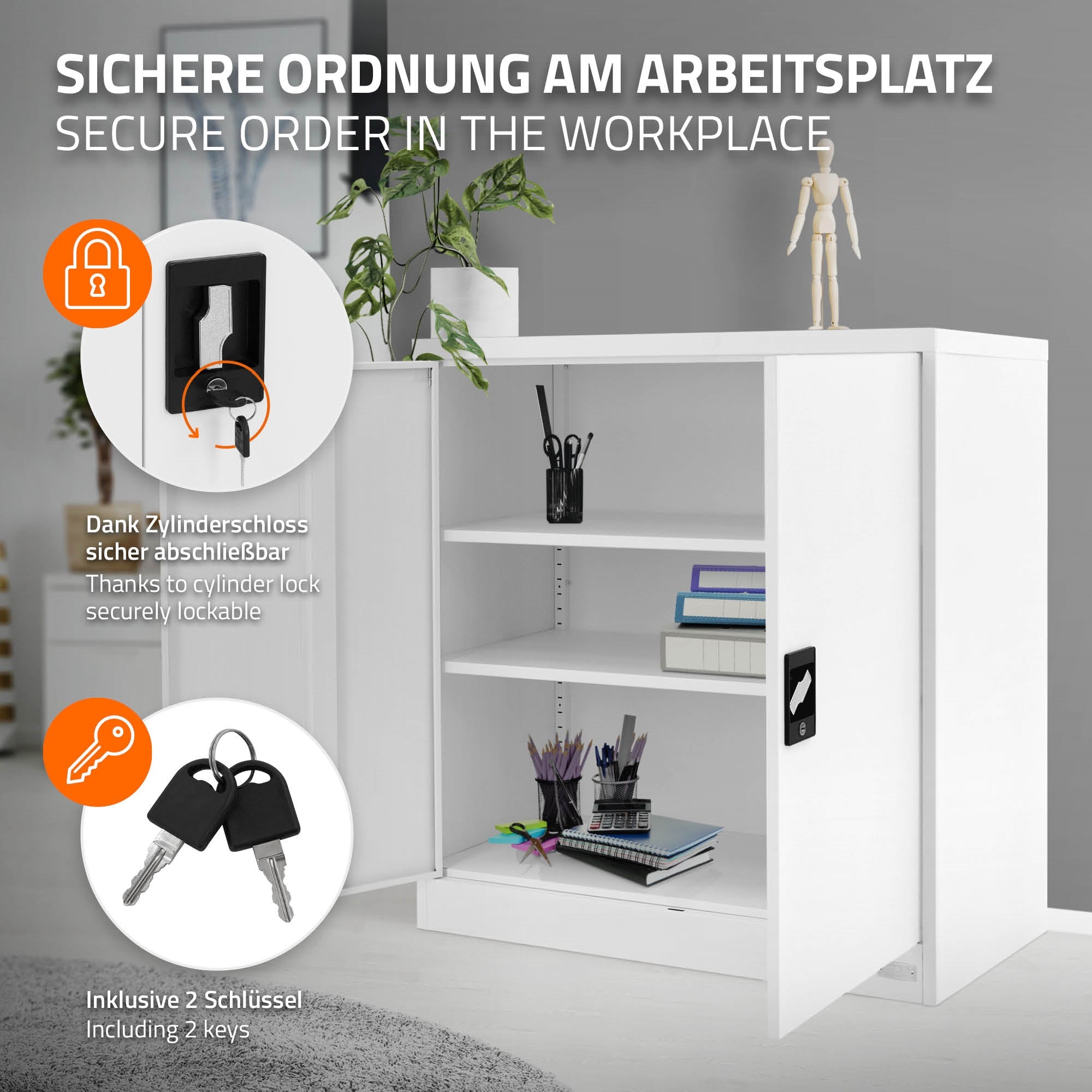 ECD Germany Armoire de bureau acier blanc verrouillable 90x40x90 cm