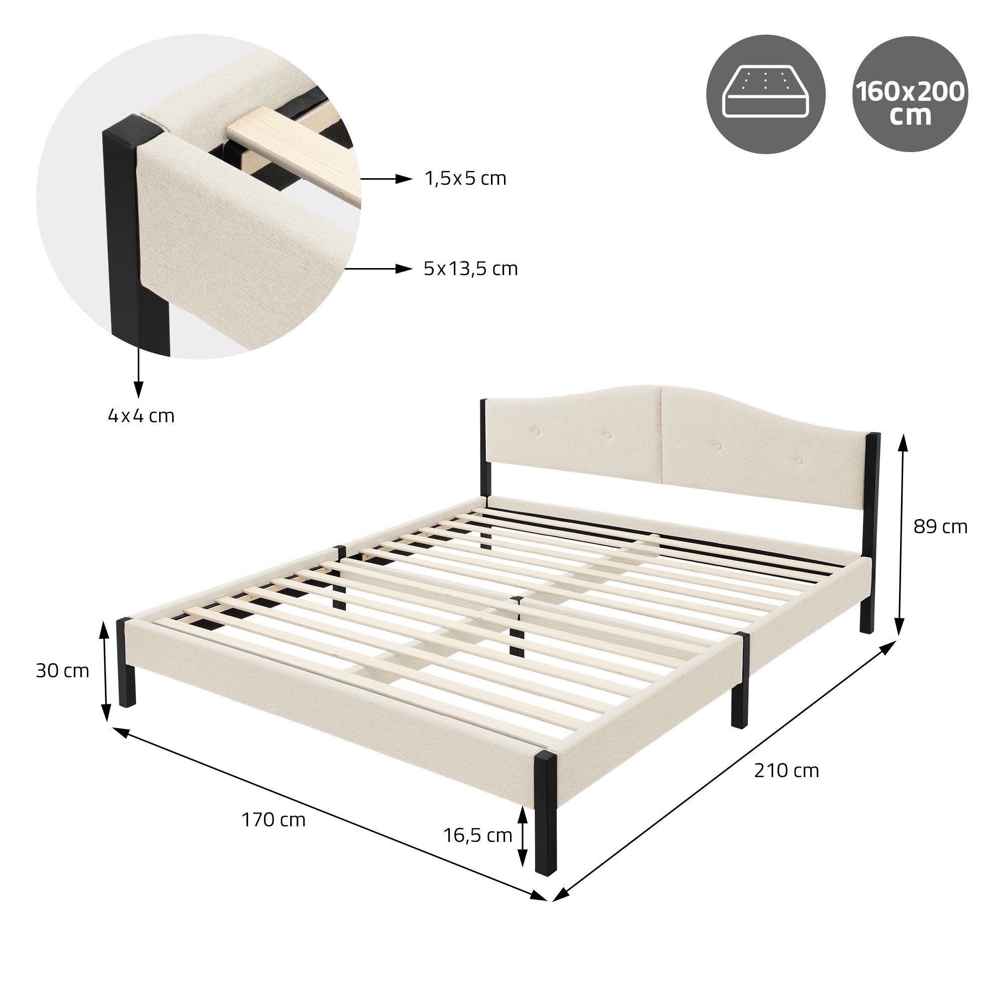 ML-Design 160x200 cm lit capitonné beige avec sommier