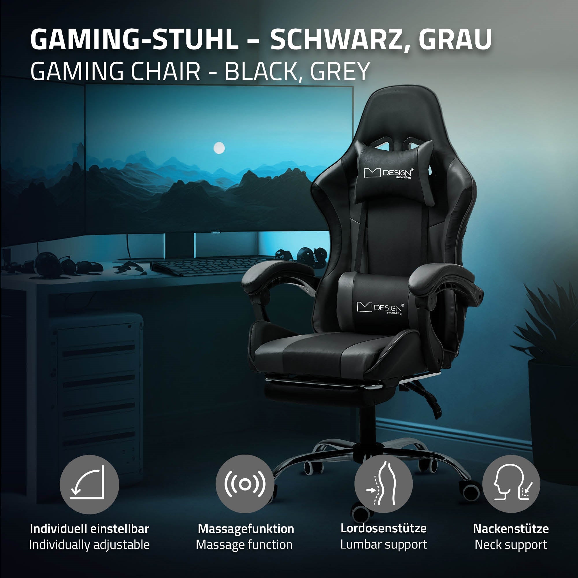 ECD Germany Möbel chaise gaming PU noir/bleu massage