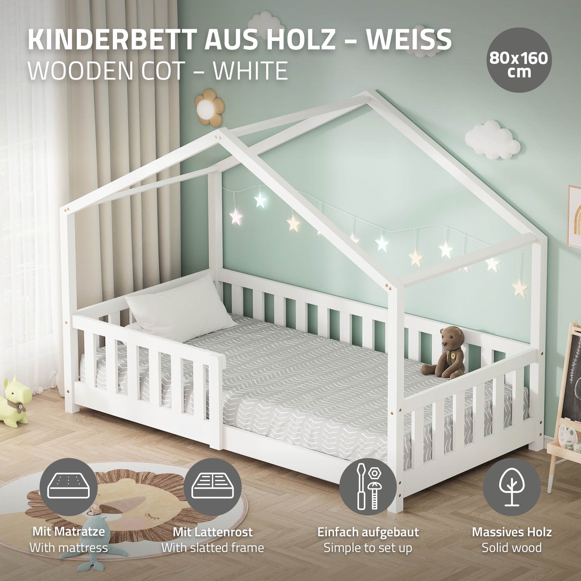 ECD Germany Kinder lit cabane 80x160 blanc pin avec matelas