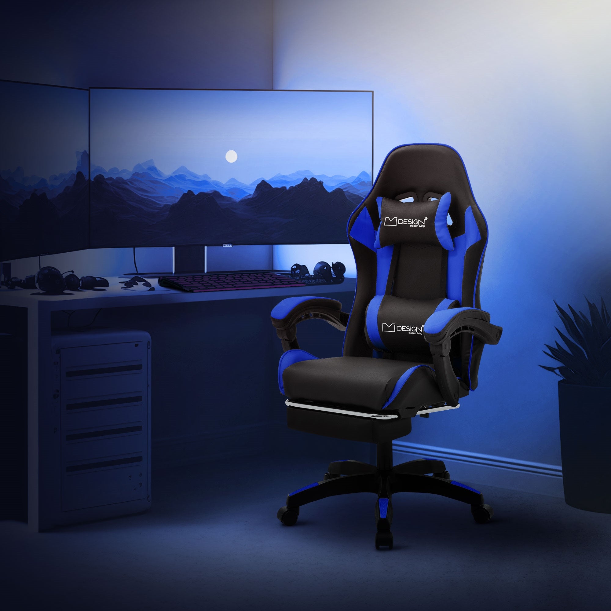 ML-Design chaise gaming simili cuir noir bleu repose-pieds