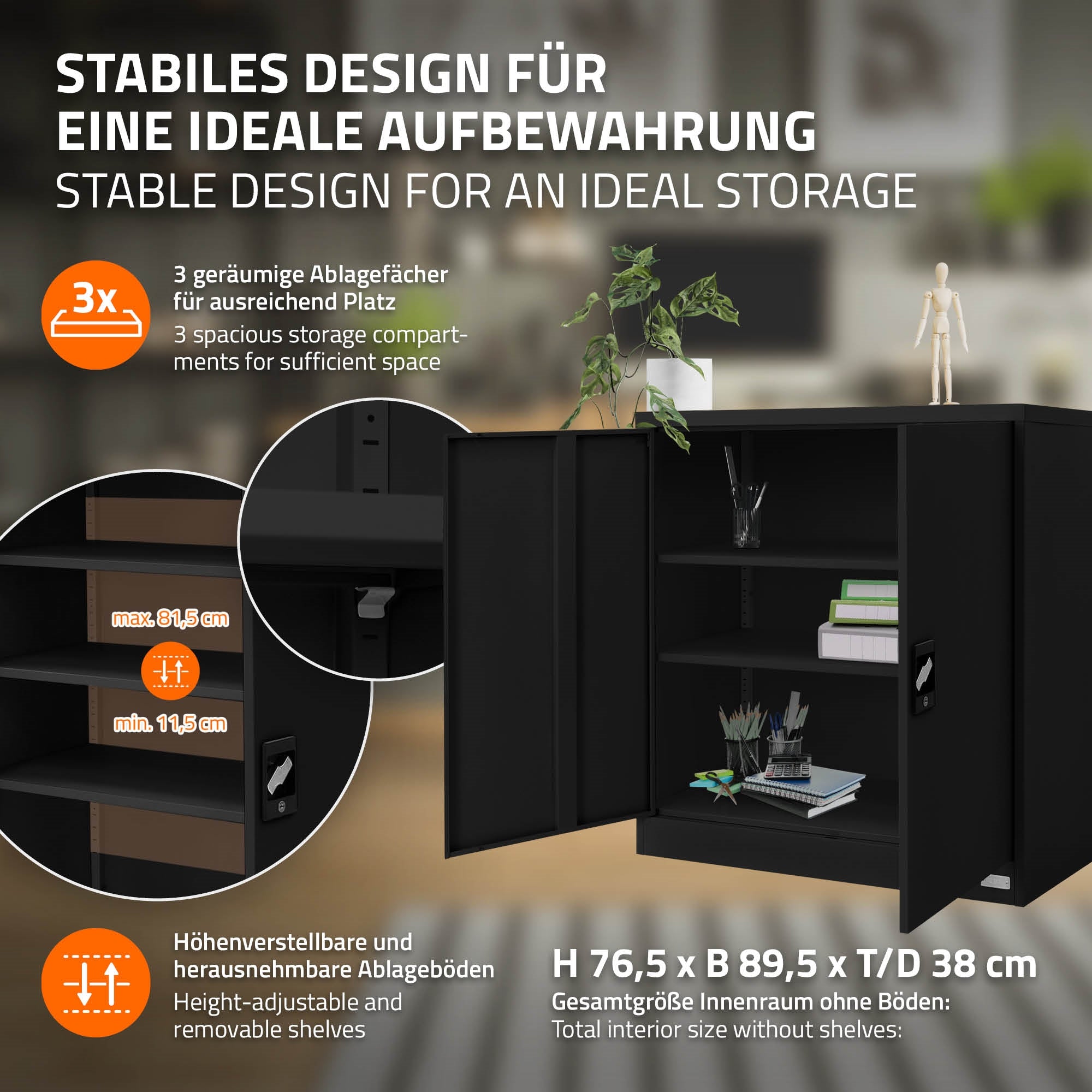 ECD ML-Design Armoire bureau verrouillable 90x40x90 cm Noir