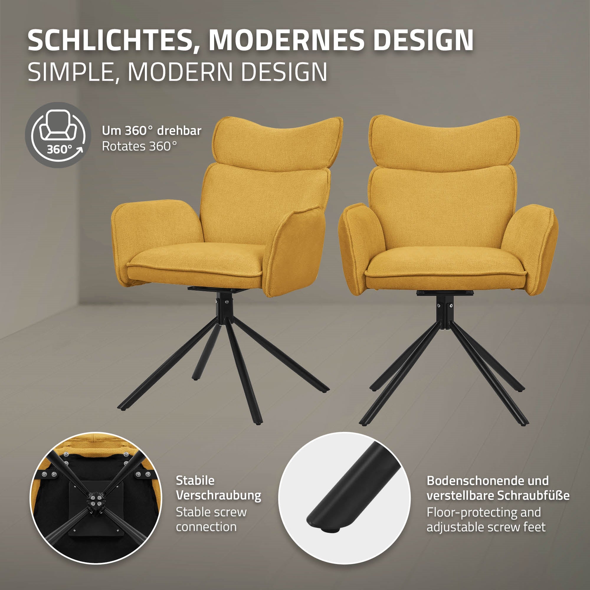 ECD Germany ML-Design chaise salle à manger pivotante moutarde lot 6