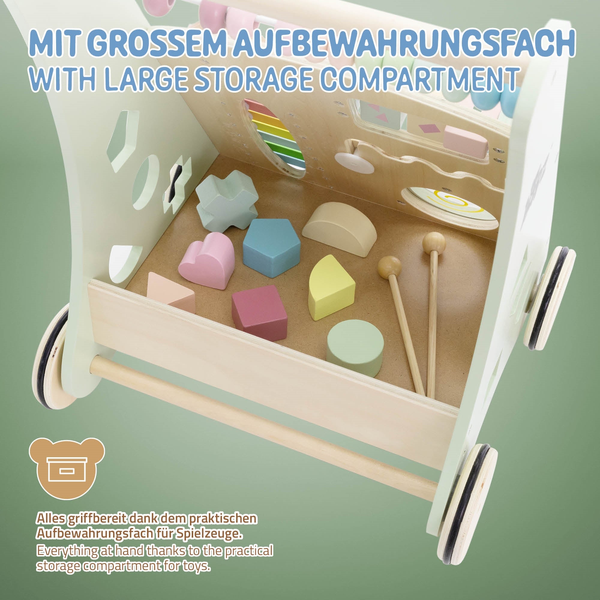 Joyz chariot de marche bois 36x32x46 cm vert 7 activités