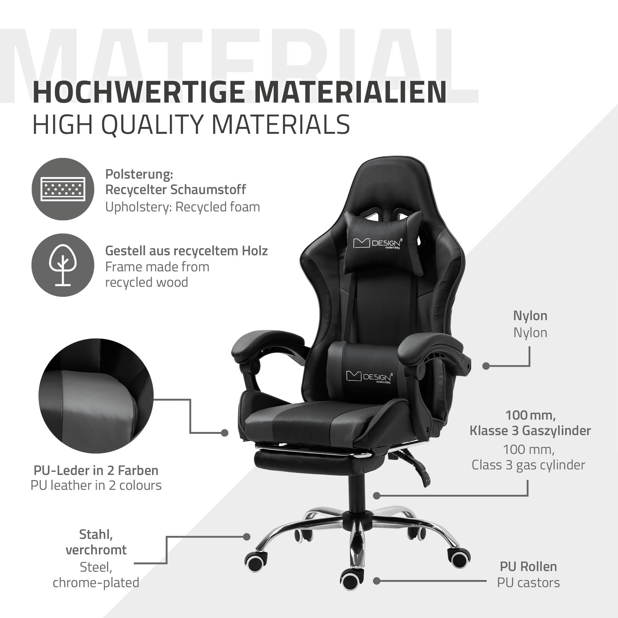 ECD Germany ML-Design chaise gaming massage noir/gris PU