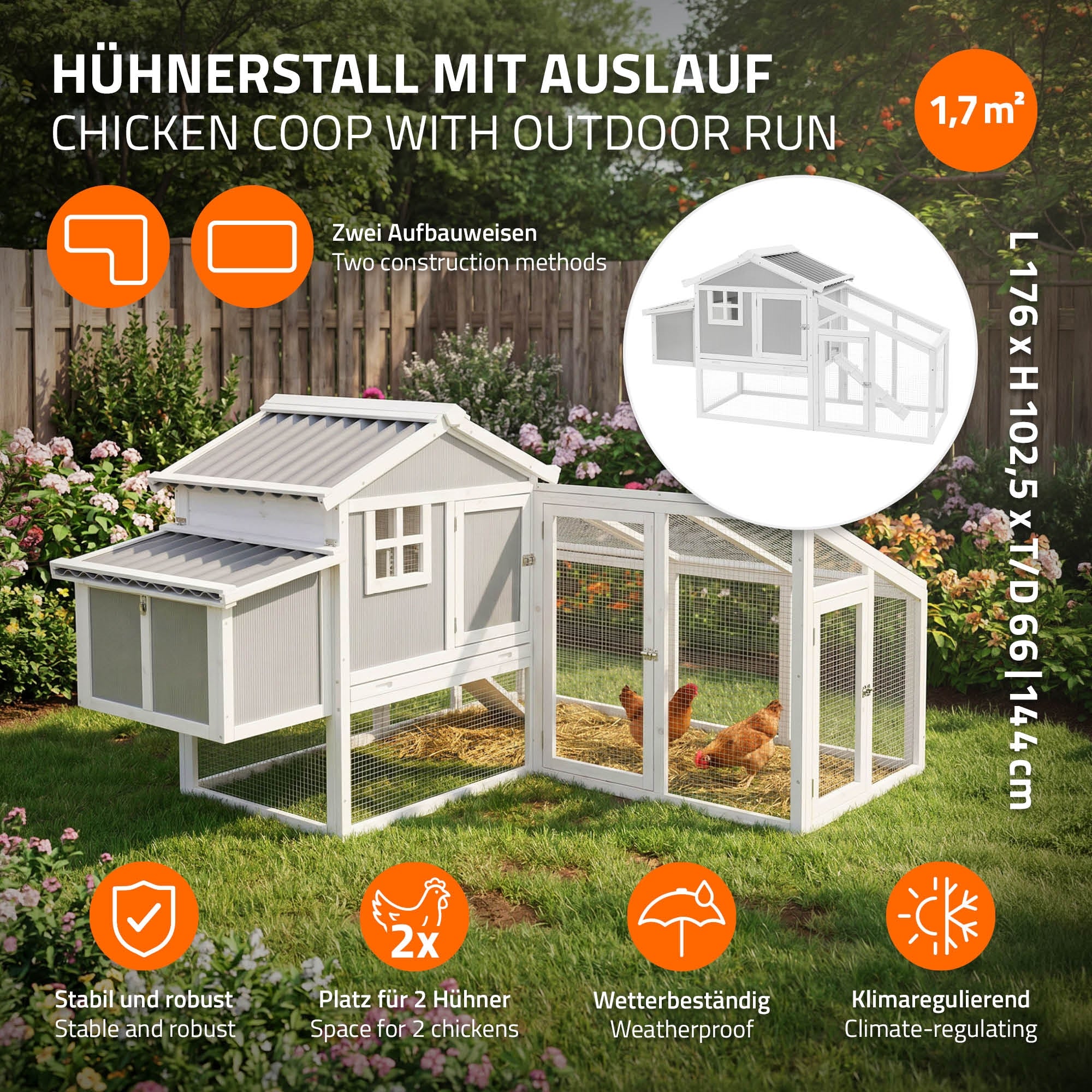 ECD Germany Garten poulailler bois XXL 144x176cm enclos