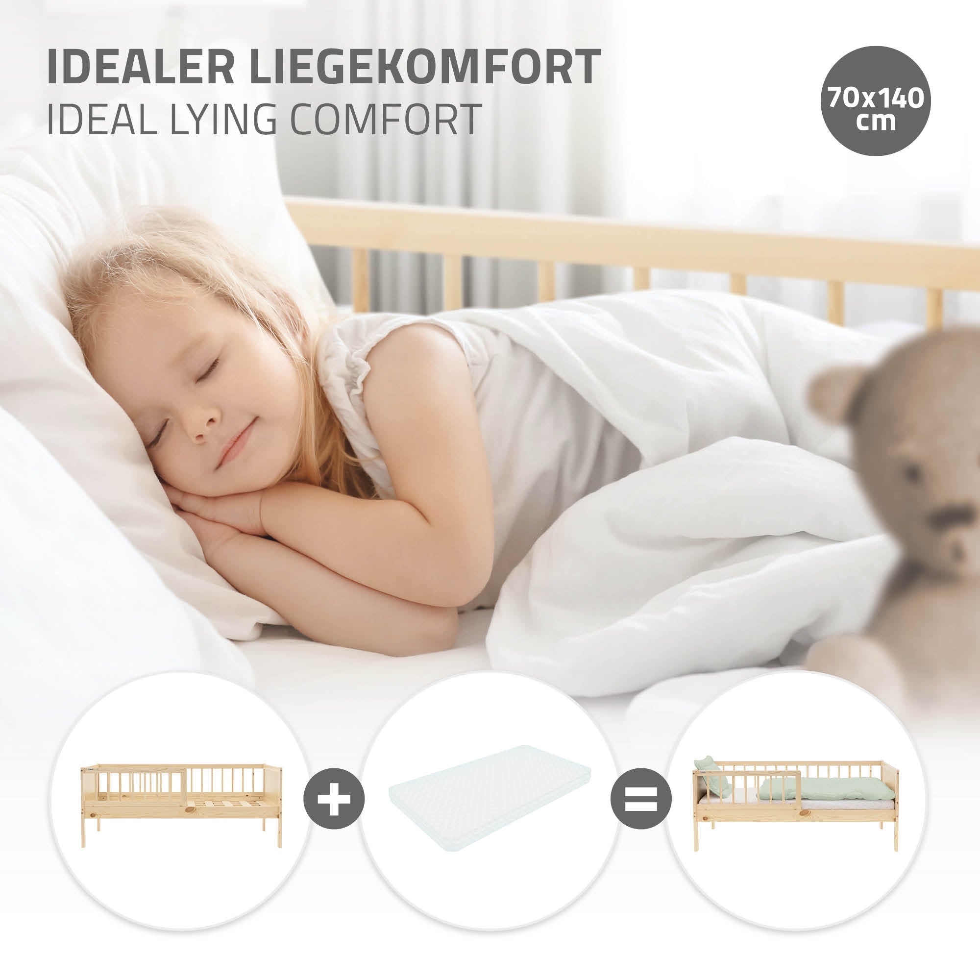ECD Germany Kinder lit enfant 70x140 pin naturel + barrière