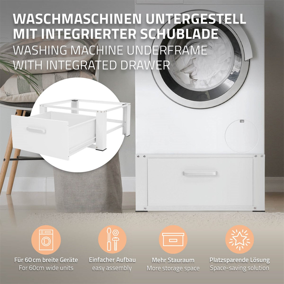 ECD Germany Möbel Socle lave-linge acier avec tiroir noir
