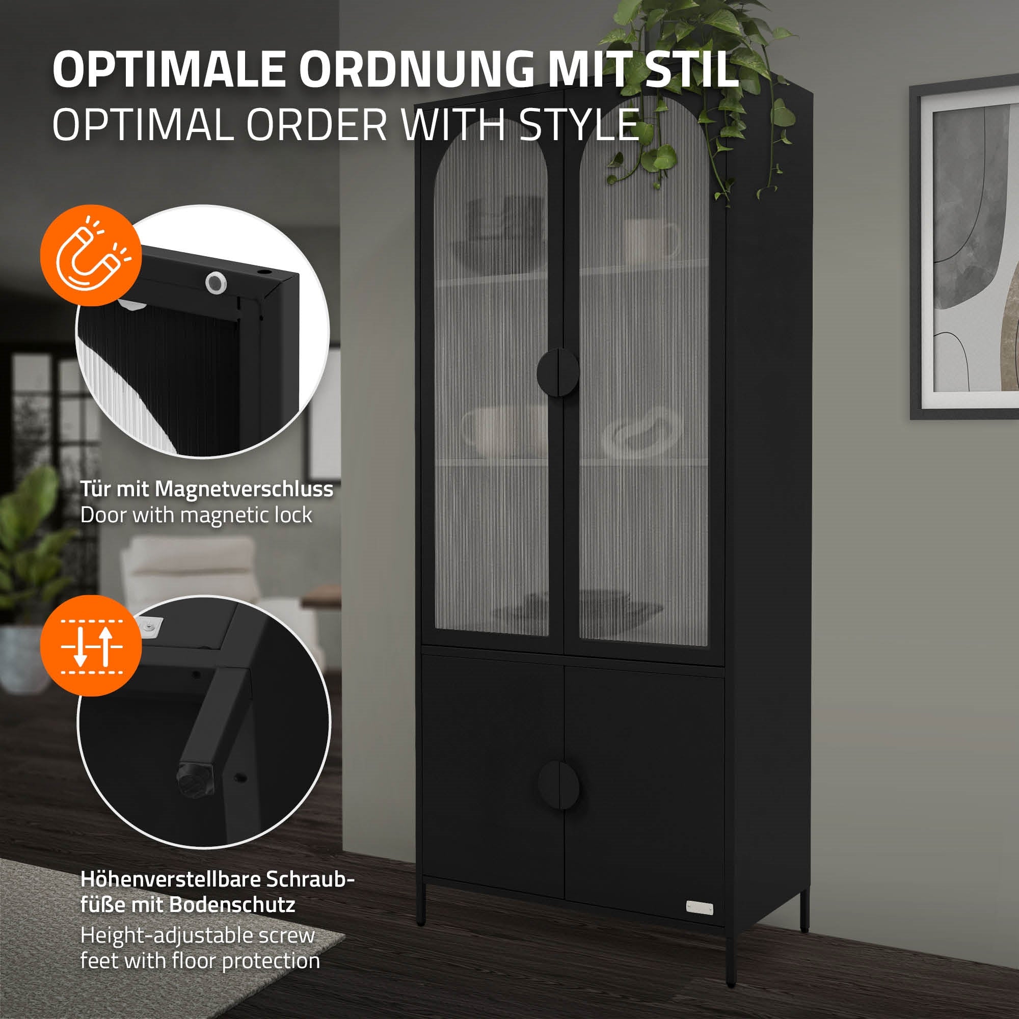 ECD Germany Meubles vitrine 80x185x40 cm noir acier 4 portes