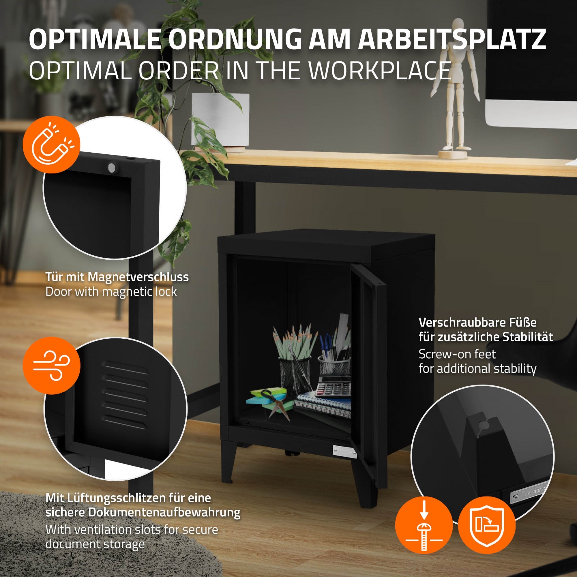 ECD Germany Werkstatt armoire bureau acier noir 40x30x57,5 cm