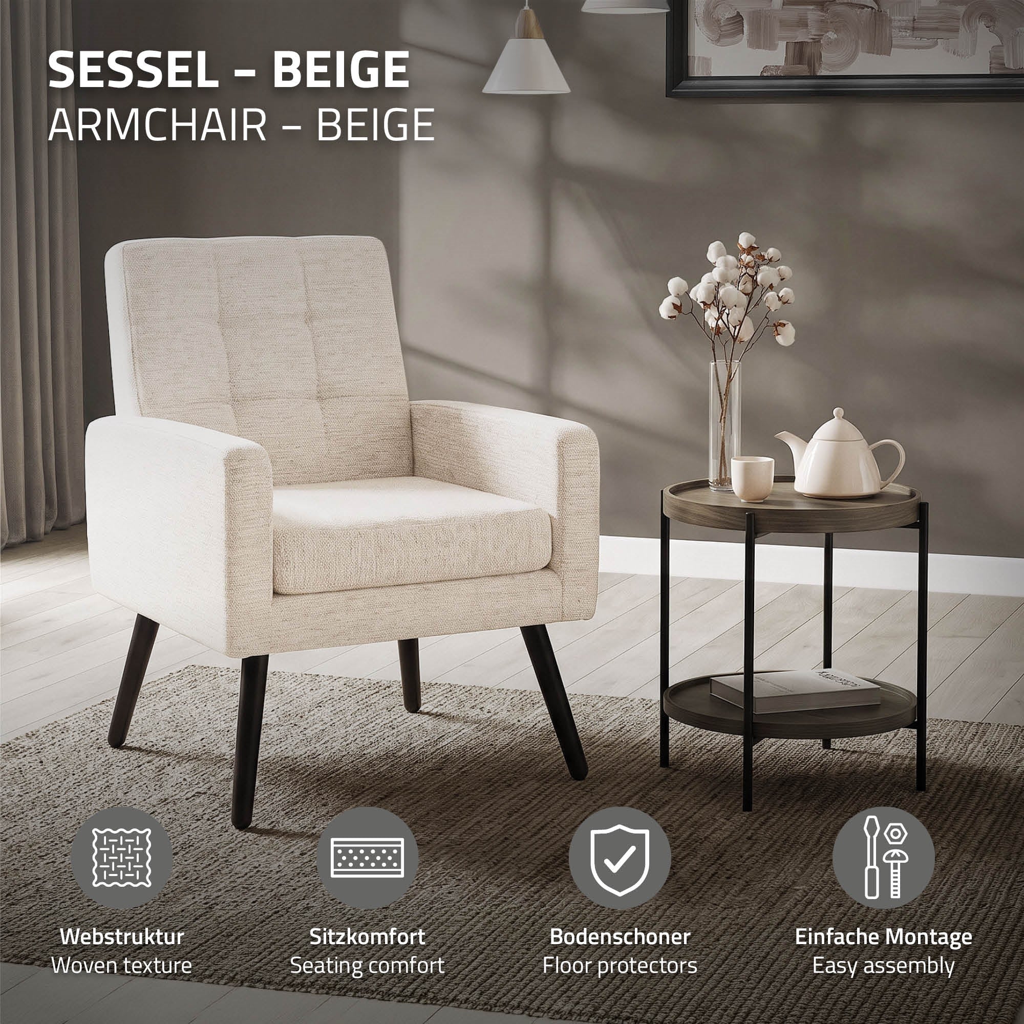 ECD Germany Möbel fauteuil beige 66,5x80x63,5 cm polyester
