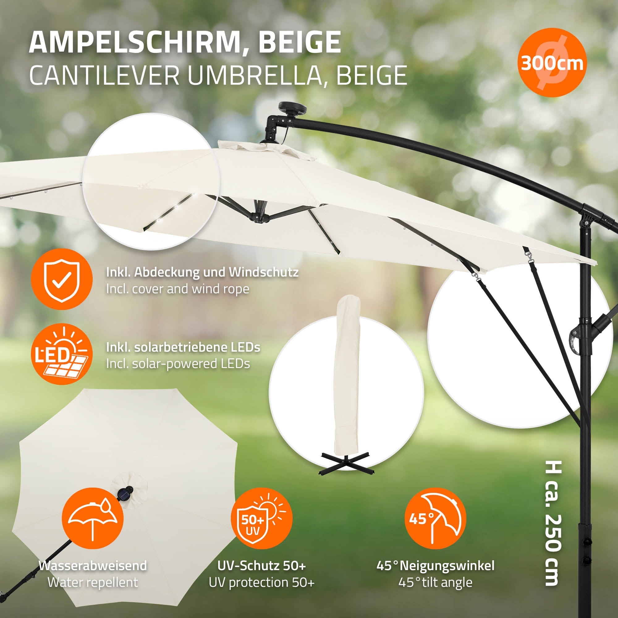 ECD Germany parasol déporté beige 300cm LED solaire ML-Design