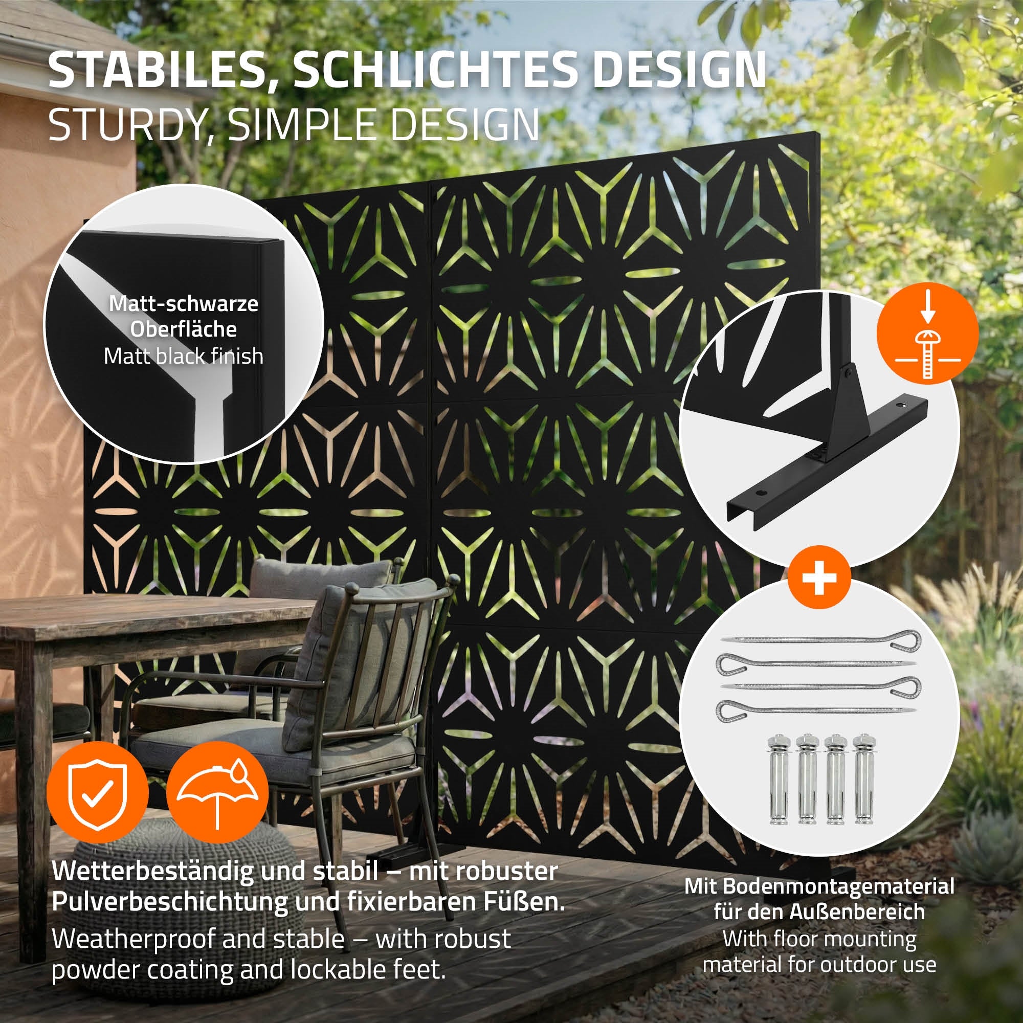 ECD Germany Torino paravent noir 120x180 cm acier 3 panneaux