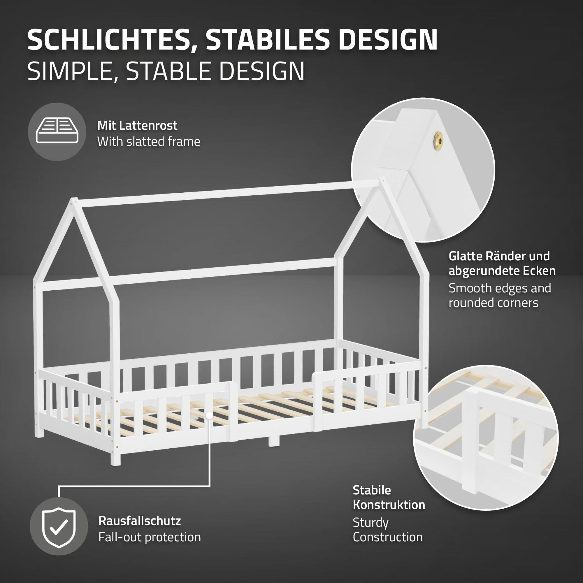 ECD Germany Kinder Lit cabane 90x200 cm blanc pin avec sommier