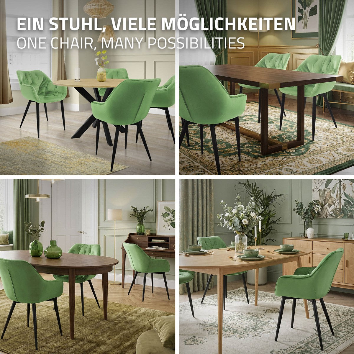 ECD Germany Chaise salle à manger Sauge Velours Lot de 2 Matelassée