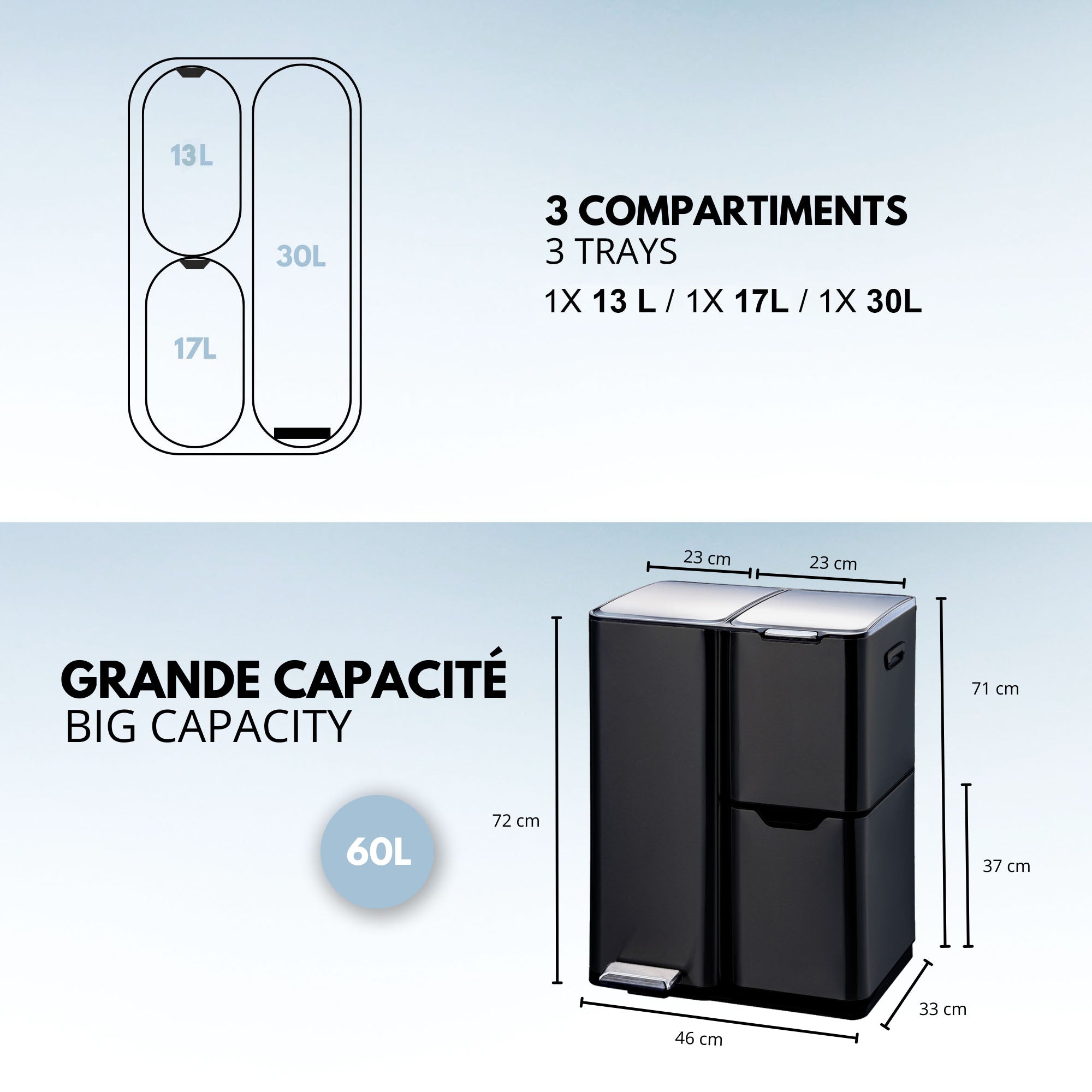 Red Deco Haja poubelle tri 60L inox noir à pédale