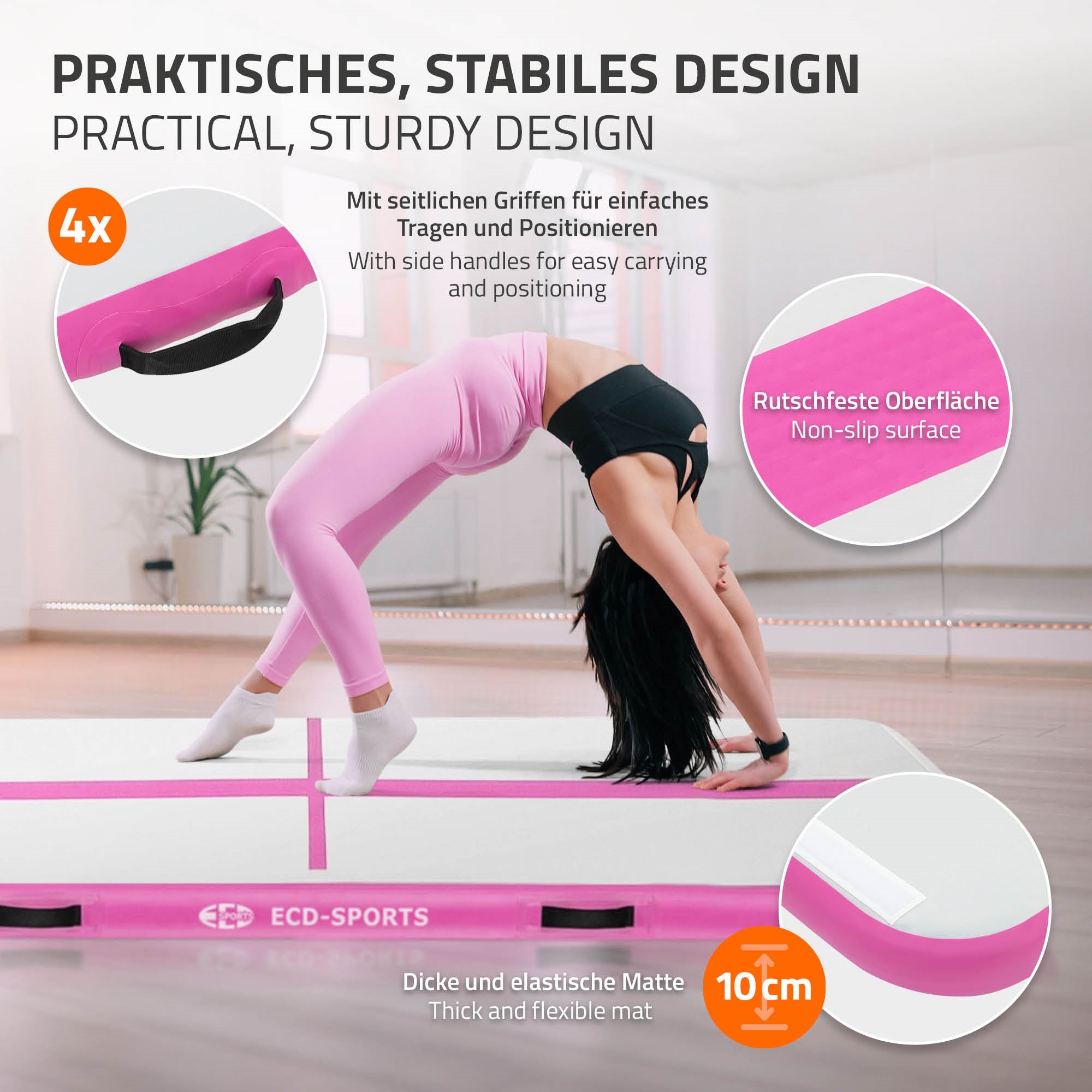 Airtrack Tapis gym gonflable 3m rose 10cm + pompe
