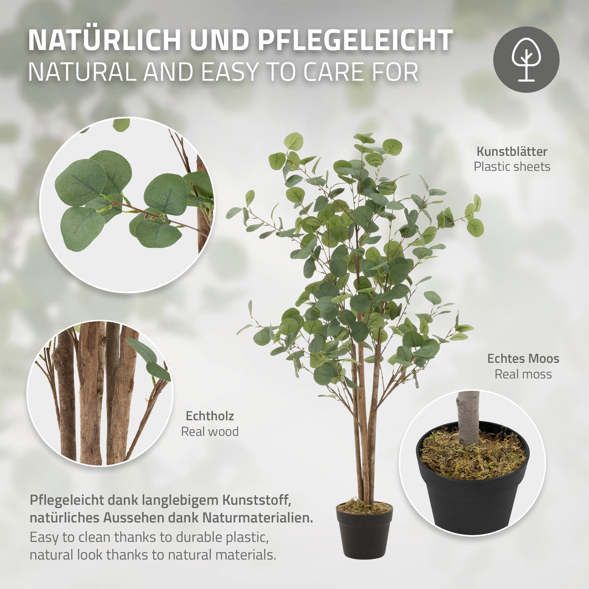 ECD Germany Haus Eucalyptus artificiel 120 cm tronc bois pot blanc