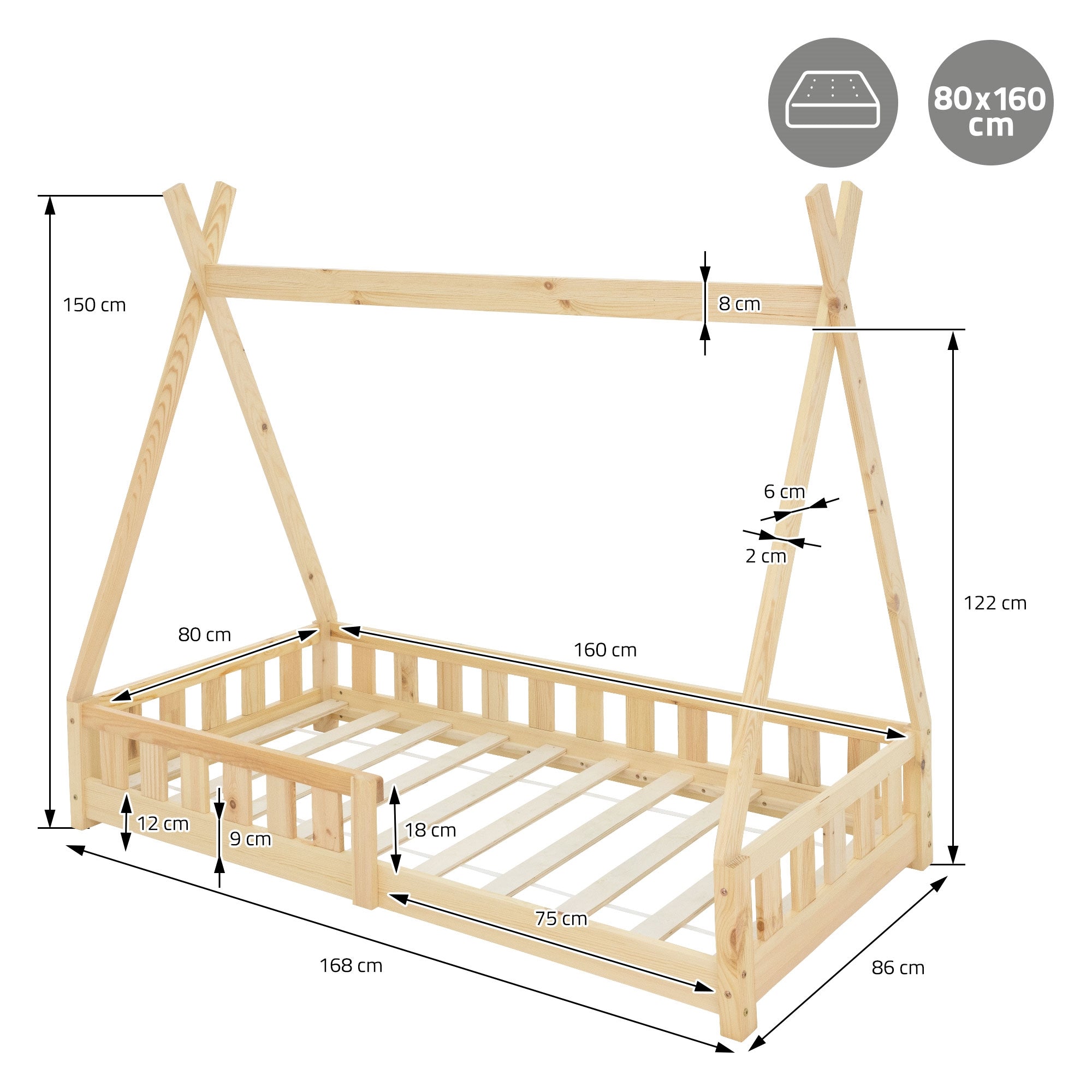 ECD Germany Kinder Lit Tipi Enfant 80x160 cm Pin avec Barrière