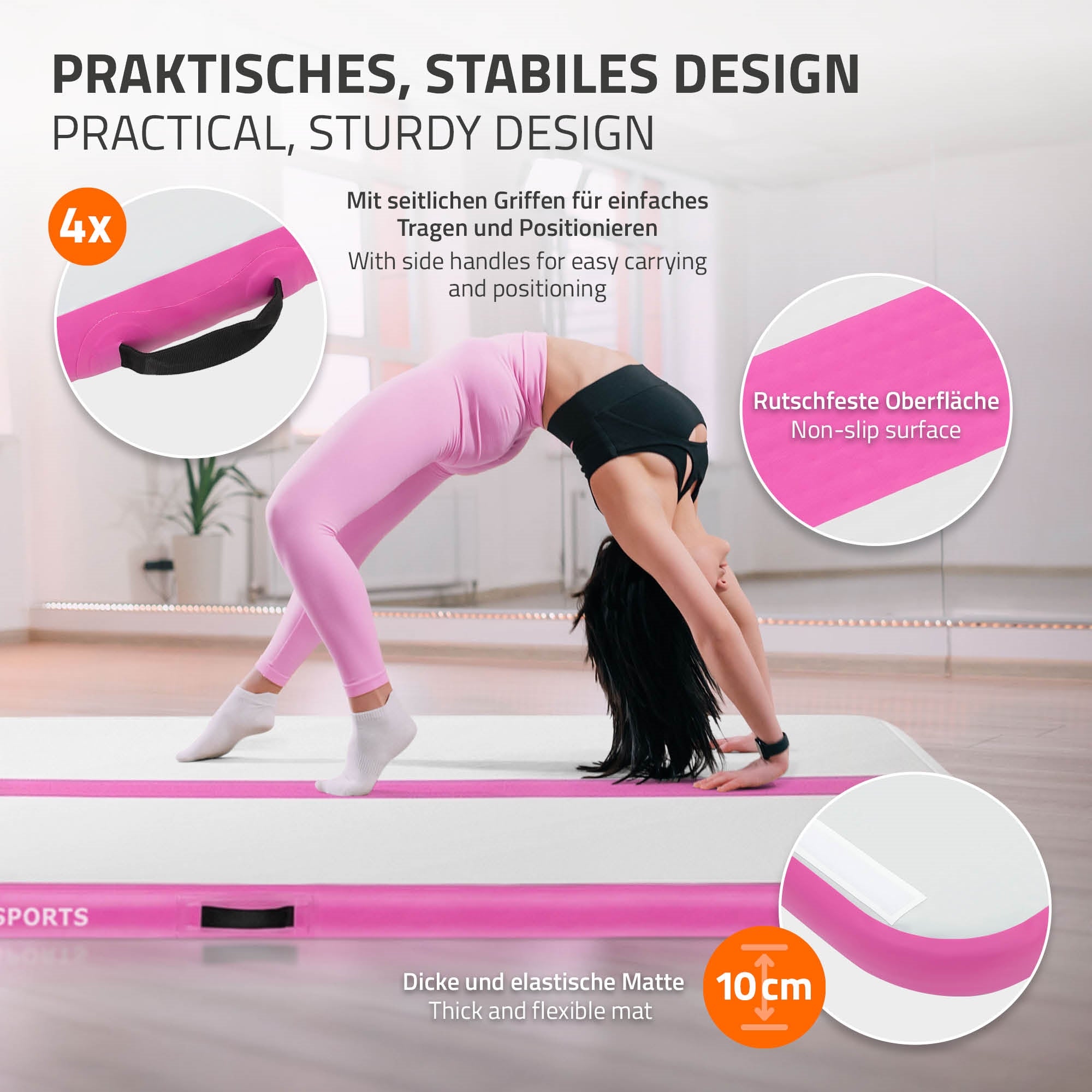 ECD Germany Airtrack tapis gym gonflable rose 500x100x10 cm
