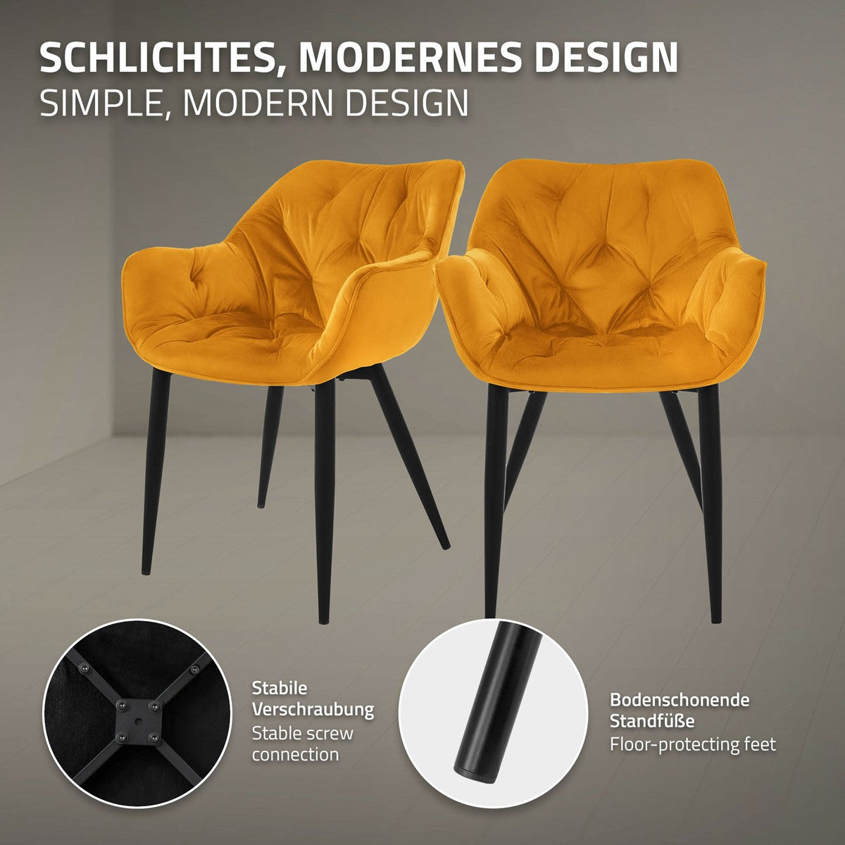 ECD Germany Möbel Lot 6 Chaises Velours Moutarde avec Accoudoirs