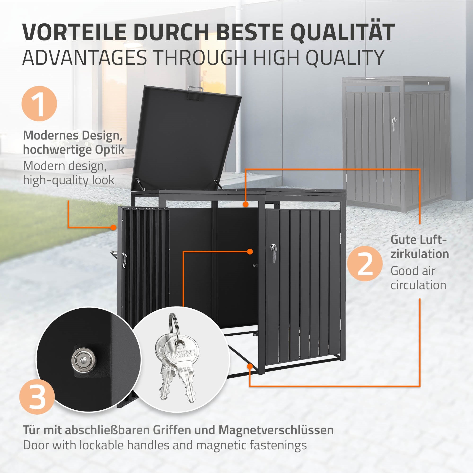 ECD Germany cache poubelle acier anthracite 3x240L 200x80 cm